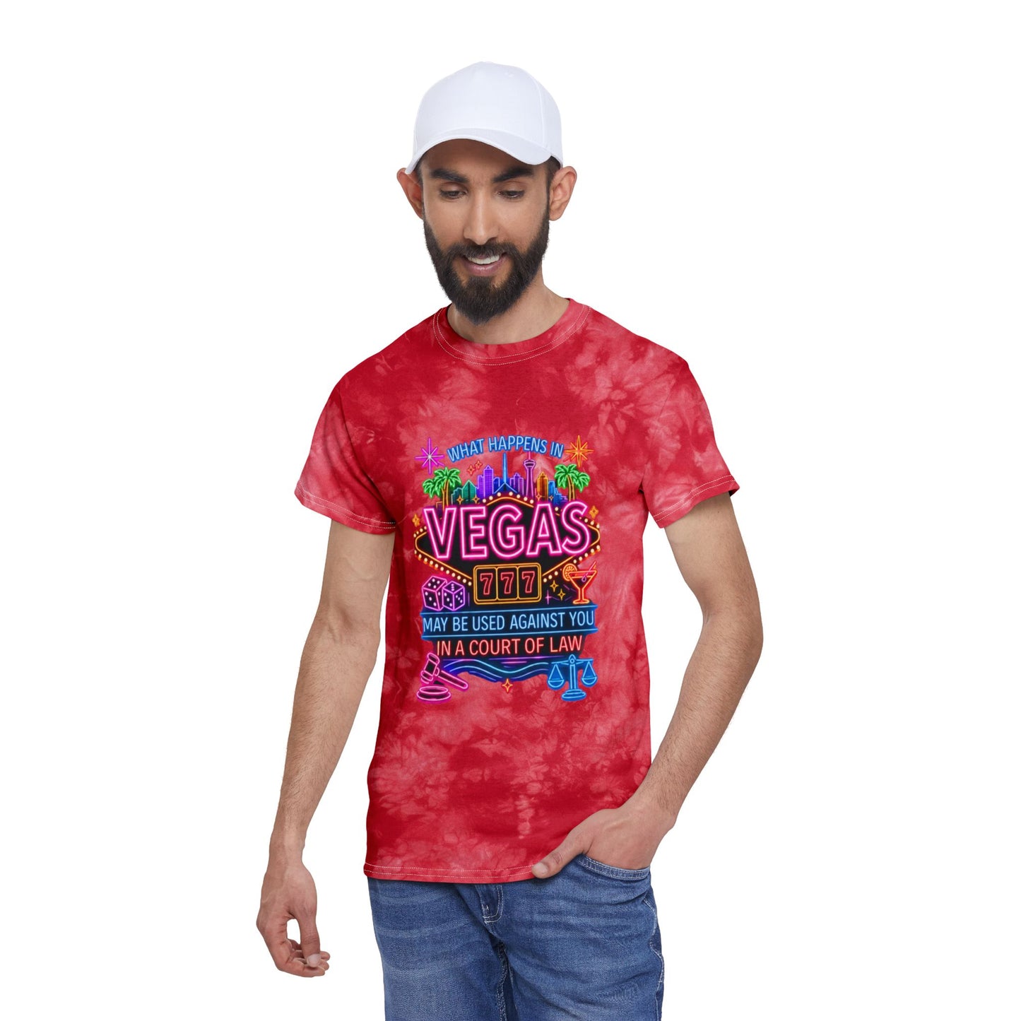 Vegas Neon Tie-Dye Tee — "What Happens in Vegas" (No Logo)