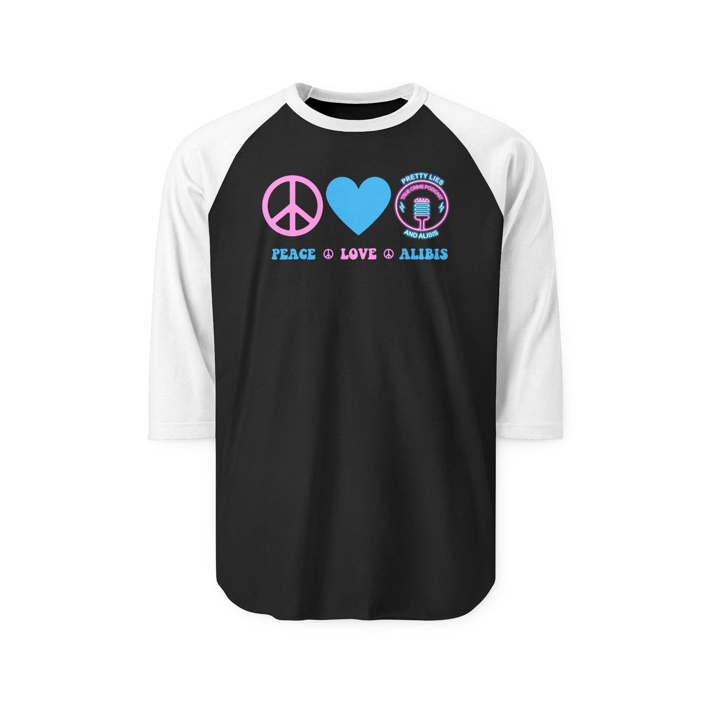 Peace, Love & Alibis Unisex Raglan Shirt – New 2025
