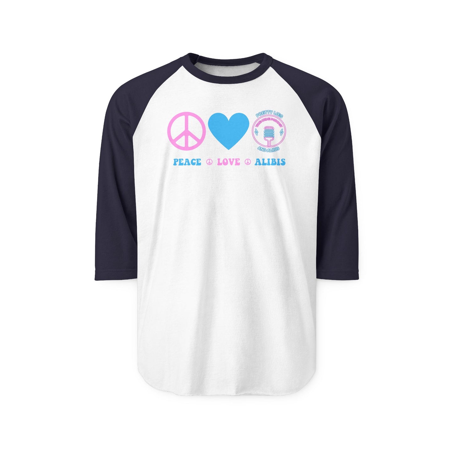 Peace, Love & Alibis Unisex Raglan Shirt – New 2025