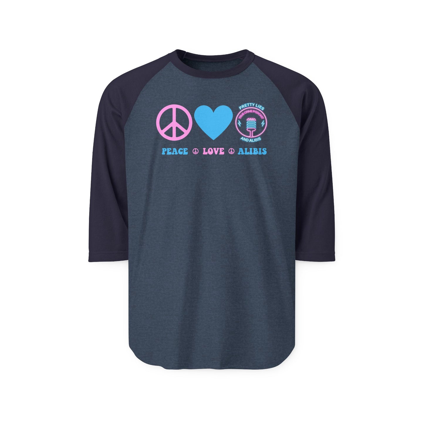 Peace, Love & Alibis Unisex Raglan Shirt – New 2025