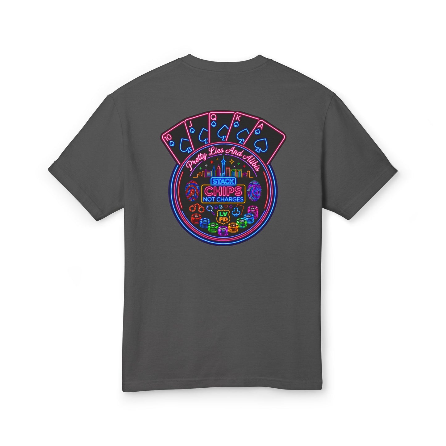 Retro Casino Poker Tee — "Stack Chips Not Charges" Crime Con' 26
