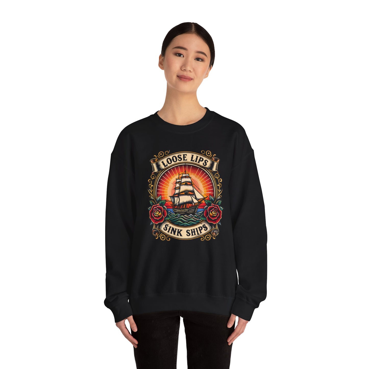NEW Crewneck Sweatshirt — 'Loose Lips Sink Ships' Vintage Ship Graphic