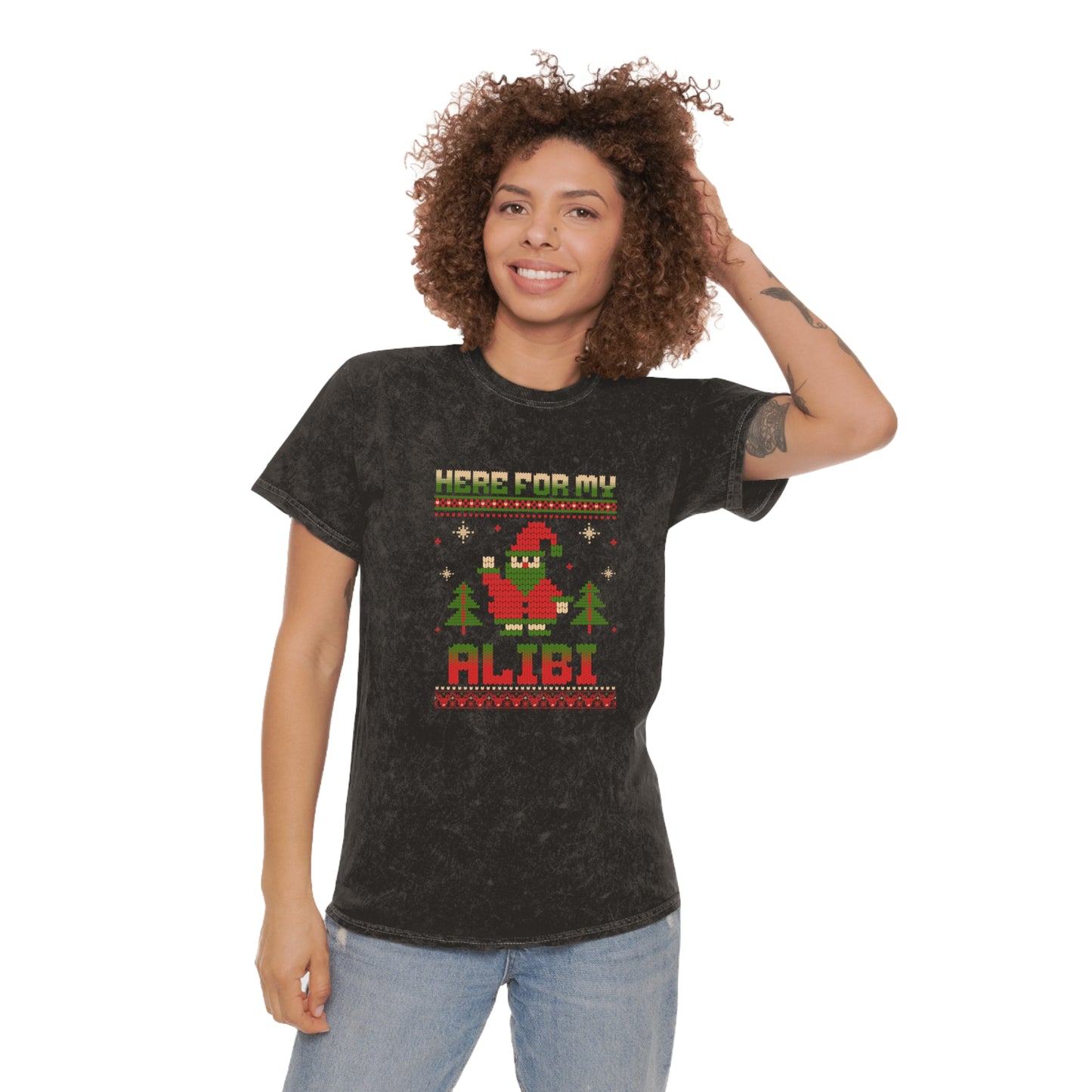 Here For My Alibi Christmas T-Shirt | Unisex Mineral Wash Holiday Tee