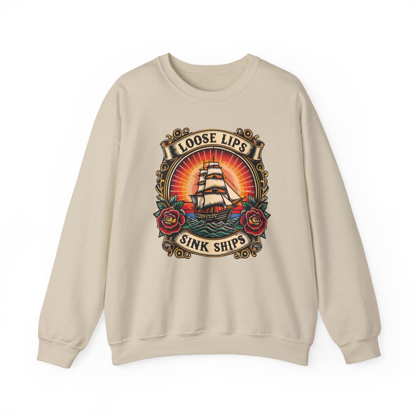 NEW Crewneck Sweatshirt — 'Loose Lips Sink Ships' Vintage Ship Graphic