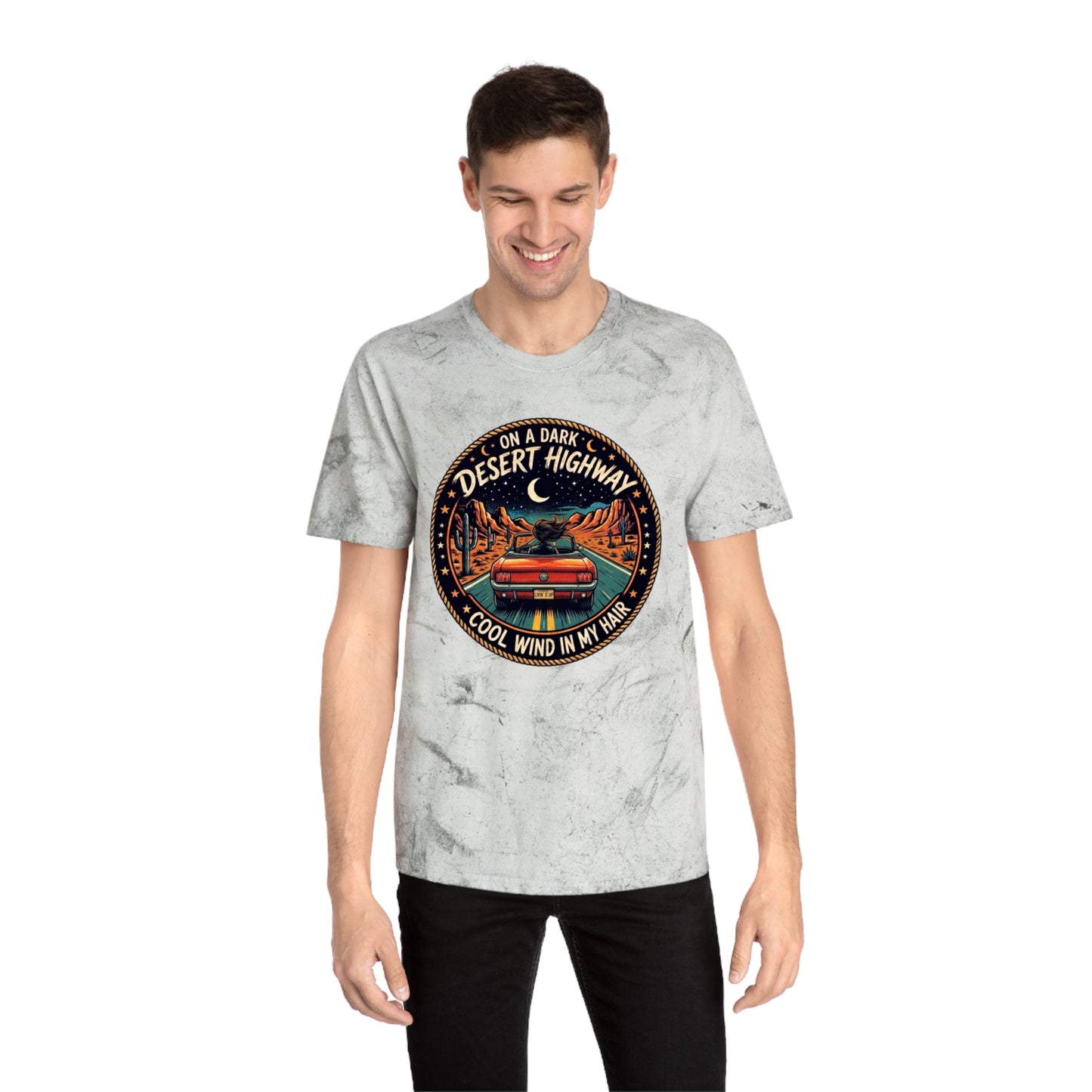 Lyrics Desert Highway Tee — "On a Dark Desert Highway" Vintage Road Trip T-Shirt