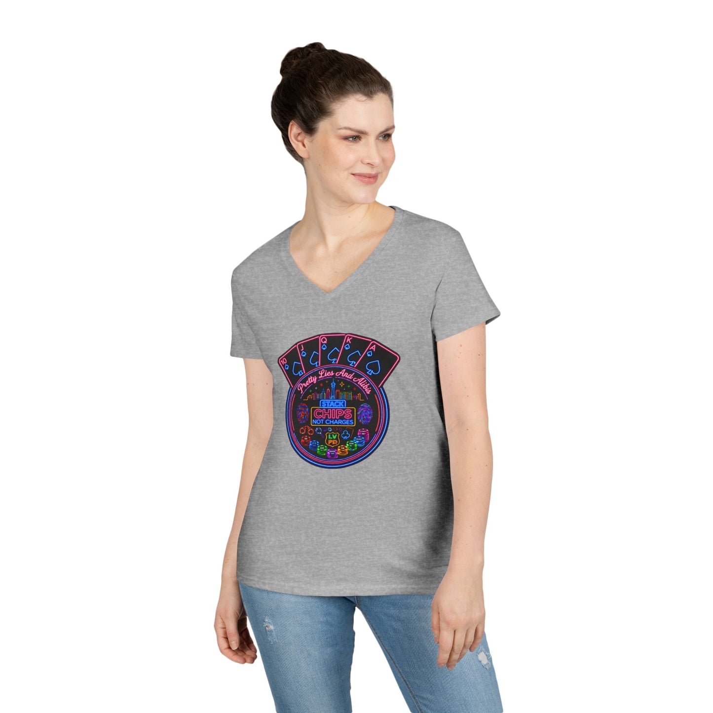 Ladies' V-Neck T-Shirt — "Stack Chips Not Charges"  Crime Con 26' (No logo)