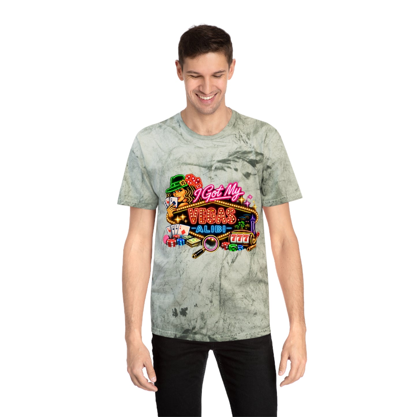 Color Blast T-Shirt — "I Got My Vegas Alibi"  (No Logo)
