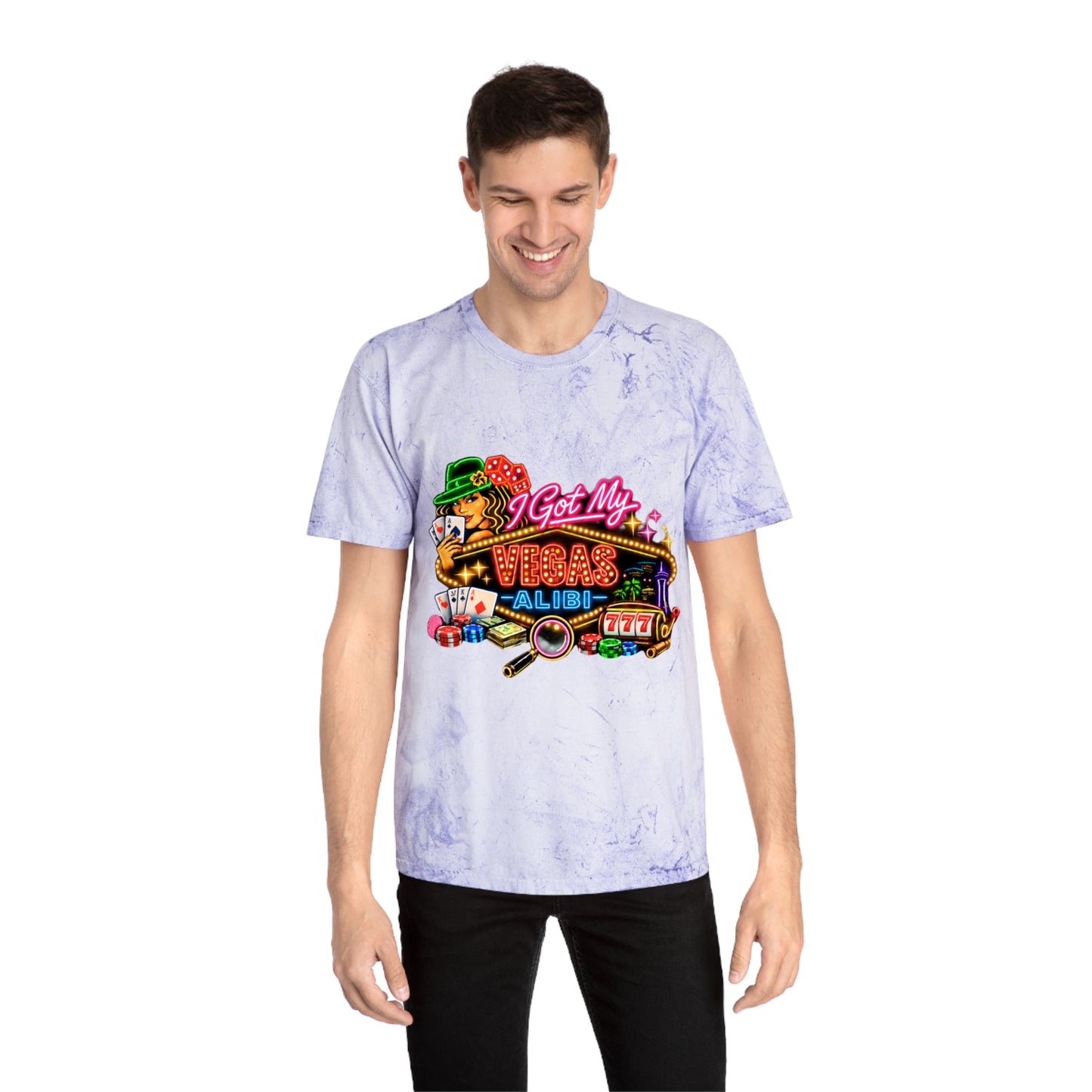 Color Blast T-Shirt — "I Got My Vegas Alibi"  (No Logo)