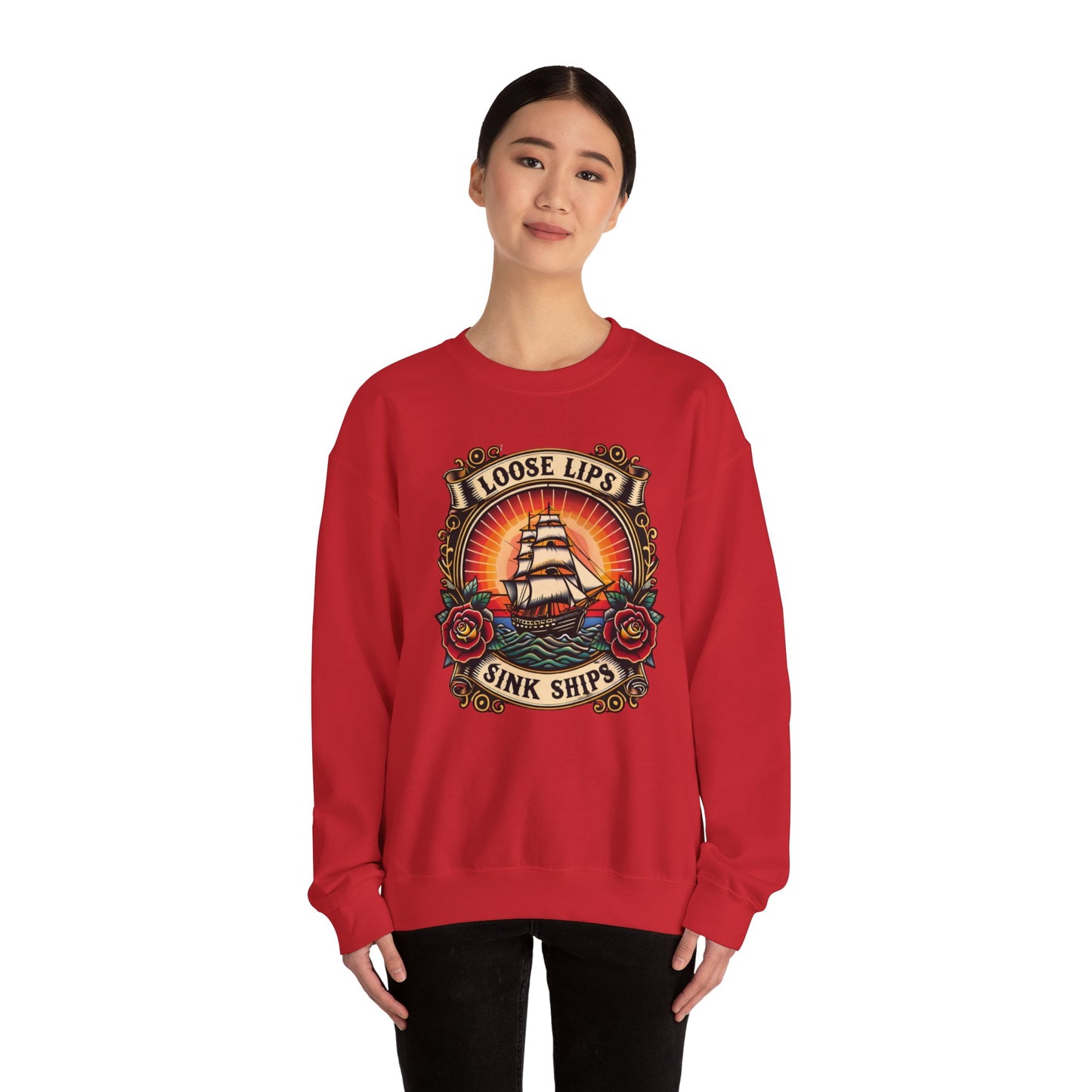 NEW Crewneck Sweatshirt — 'Loose Lips Sink Ships' Vintage Ship Graphic