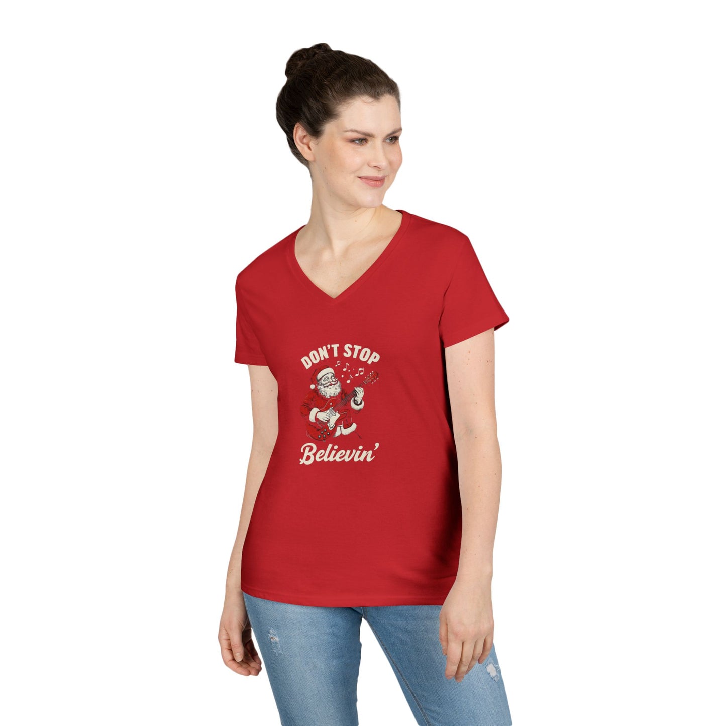 Festive Santa V-Neck T-Shirt - "Don't Stop Believin'" Christmas Tee