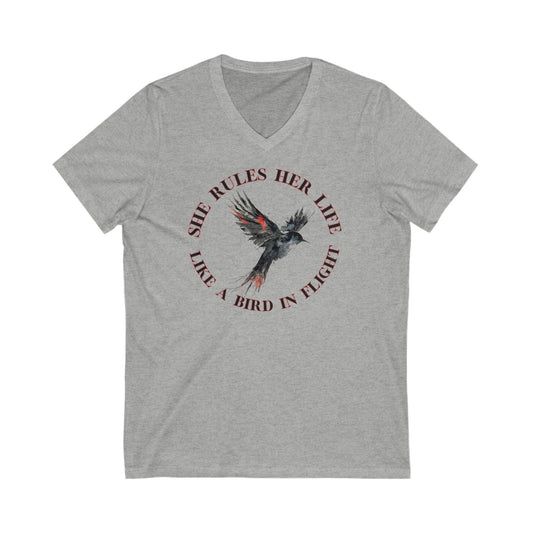 Lyrics Empowering V-Neck Tee - 'She Rules Her Life Like a Bird in Flight'