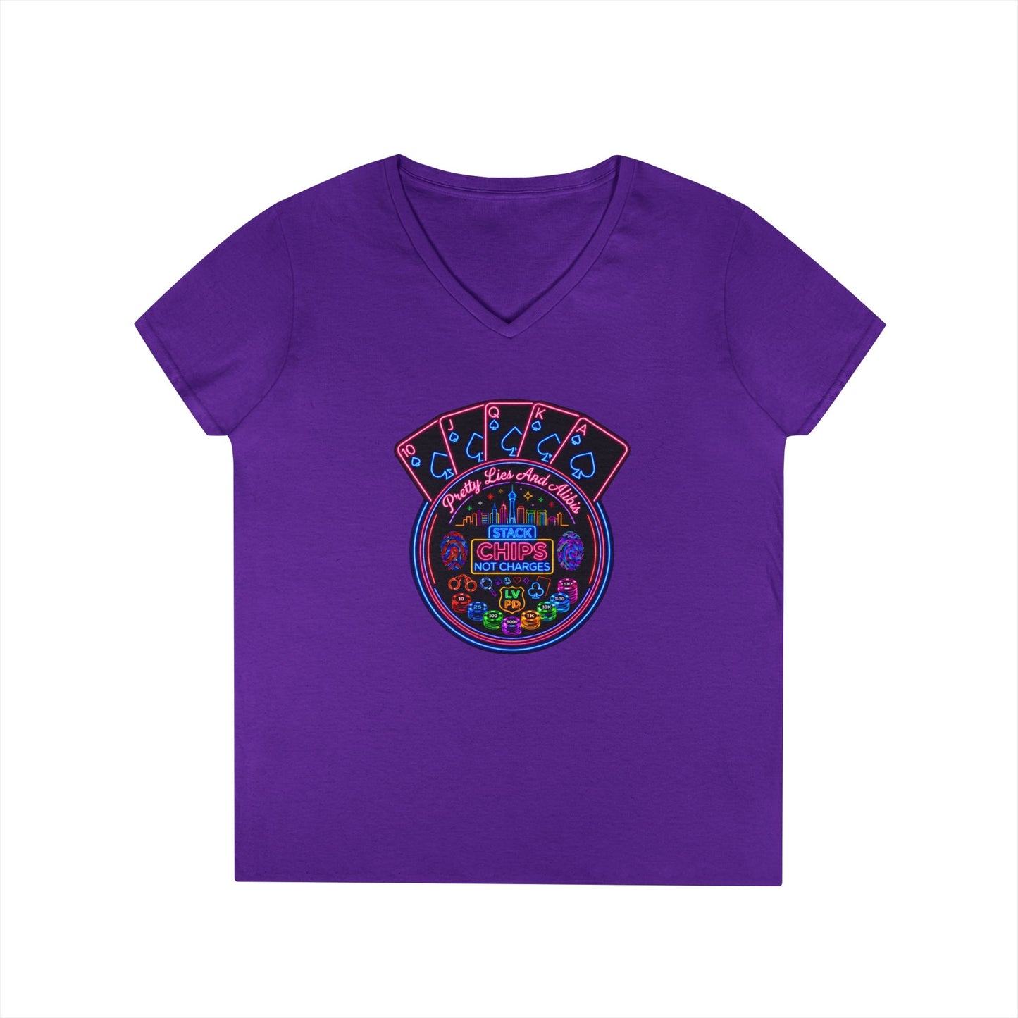 Ladies' V-Neck T-Shirt — "Stack Chips Not Charges"  Crime Con 26' (No logo)