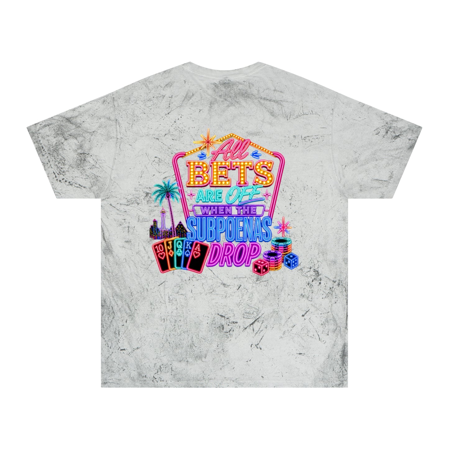 Tie-Dye T-Shirt — Retro Neon Casino “All Bets Are Off” Crime Con 26'