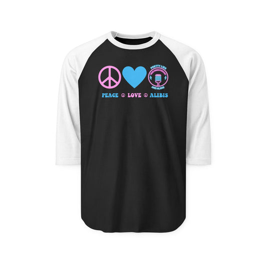 Peace, Love & Alibis Unisex Raglan Shirt – New 2025