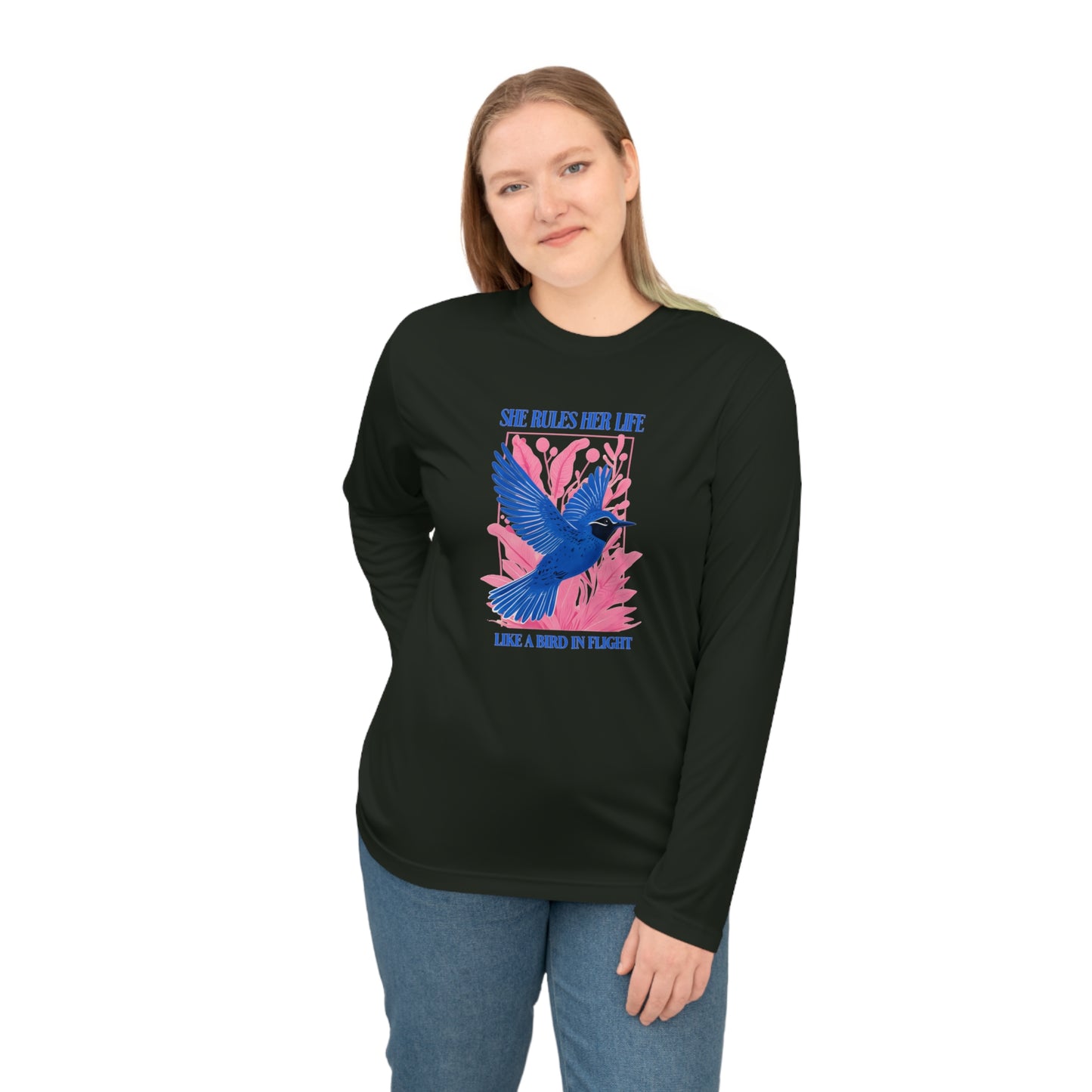 Moisture Wicking Long Sleeve Shirt — Lyrics  “She Rules Her Life Like a Mind in Flight”  NEW
