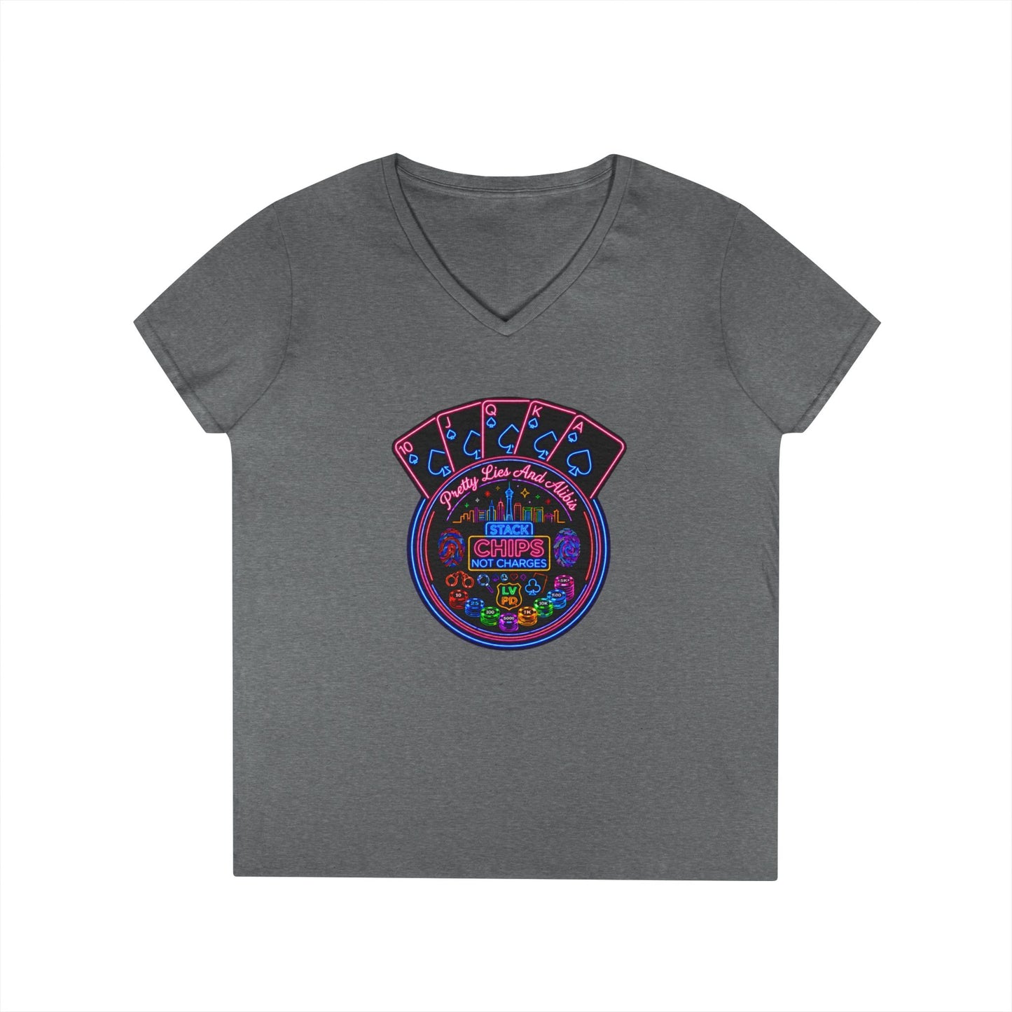 Ladies' V-Neck T-Shirt — "Stack Chips Not Charges"  Crime Con 26' (No logo)
