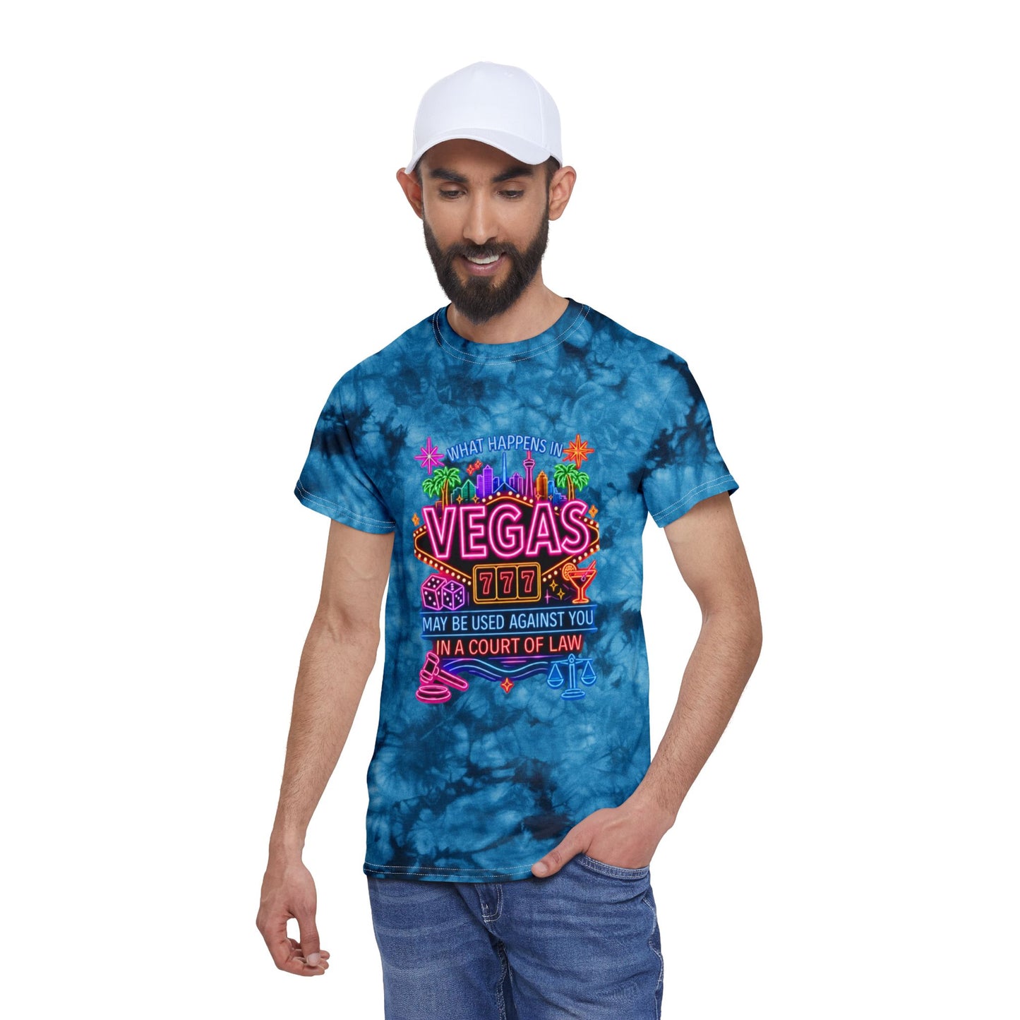 Vegas Neon Tie-Dye Tee — "What Happens in Vegas" (No Logo)