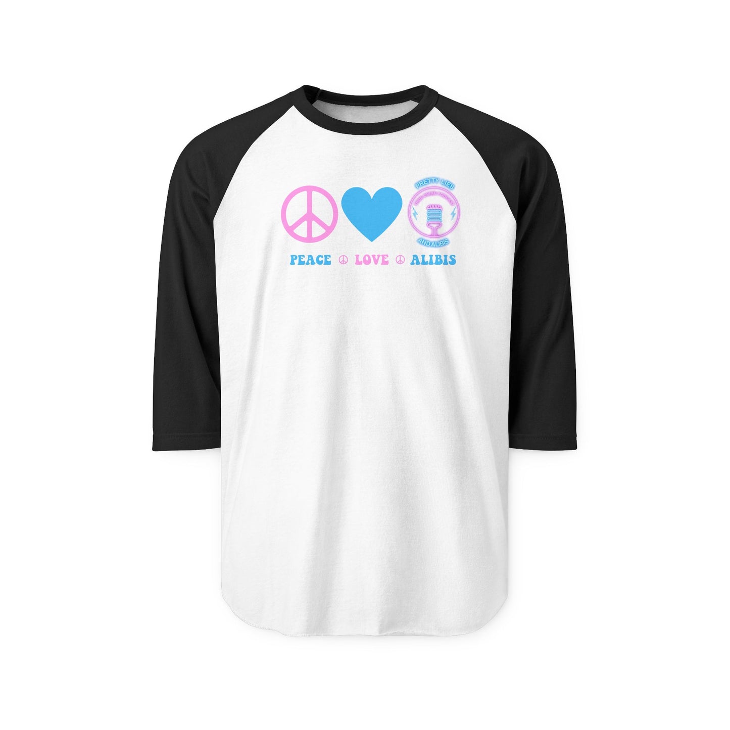 Unisex  Peace Love Alibis Three-Quarter Sleeve Raglan Shirt New 2025