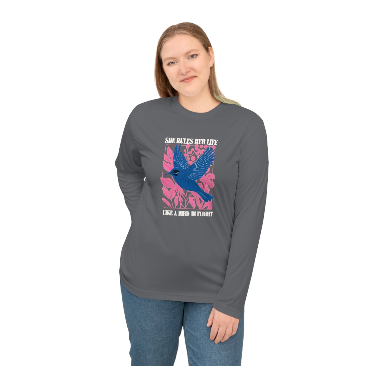 Moisture Wicking Long Sleeve Shirt — Lyrics  “She Rules Her Life Like a Mind in Flight”  NEW