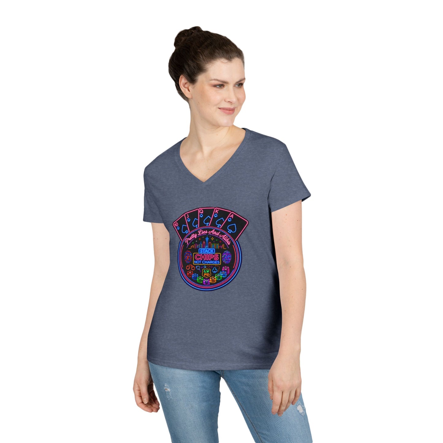 Ladies' V-Neck T-Shirt — "Stack Chips Not Charges"  Crime Con 26' (No logo)