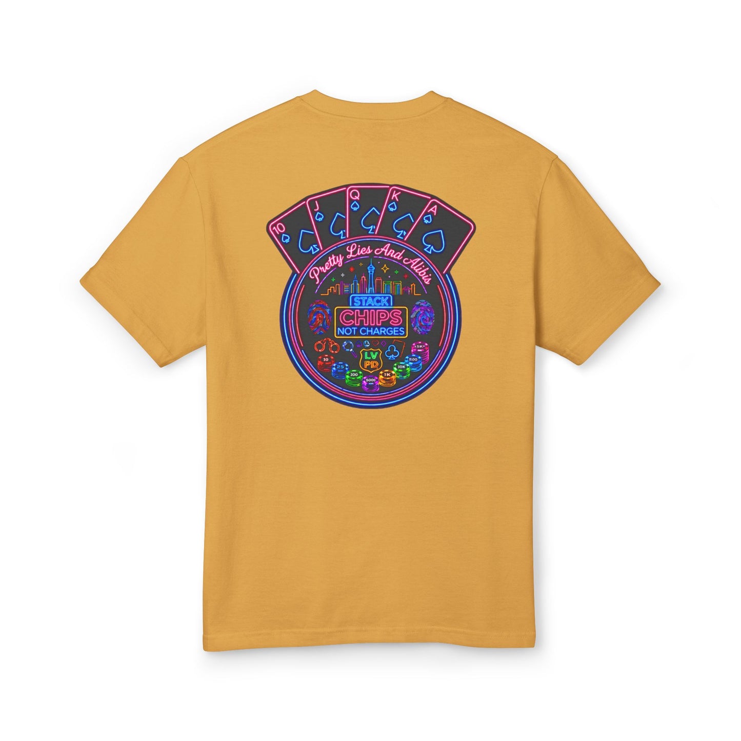 Retro Casino Poker Tee — "Stack Chips Not Charges" Crime Con' 26