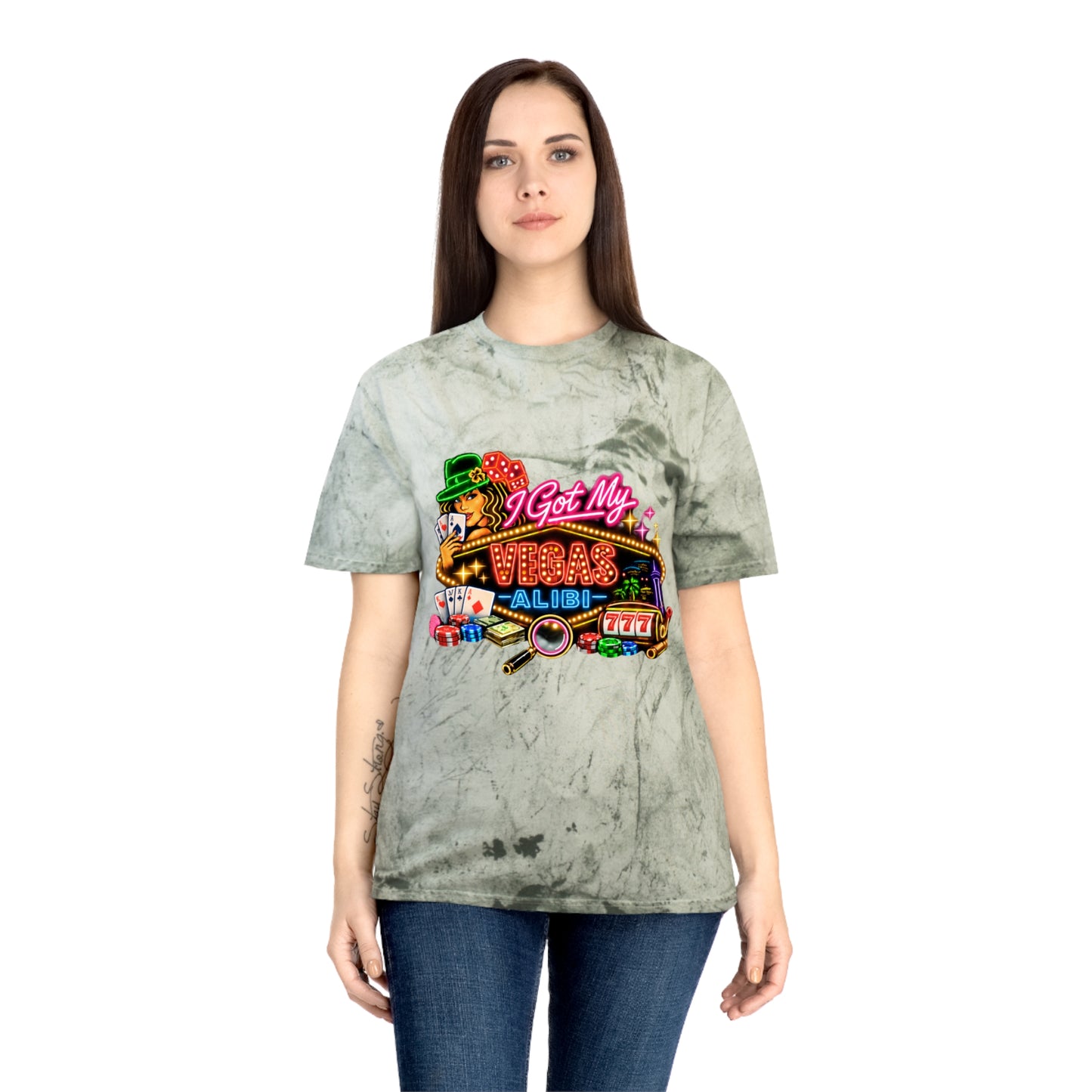 Color Blast T-Shirt — "I Got My Vegas Alibi"  (No Logo)