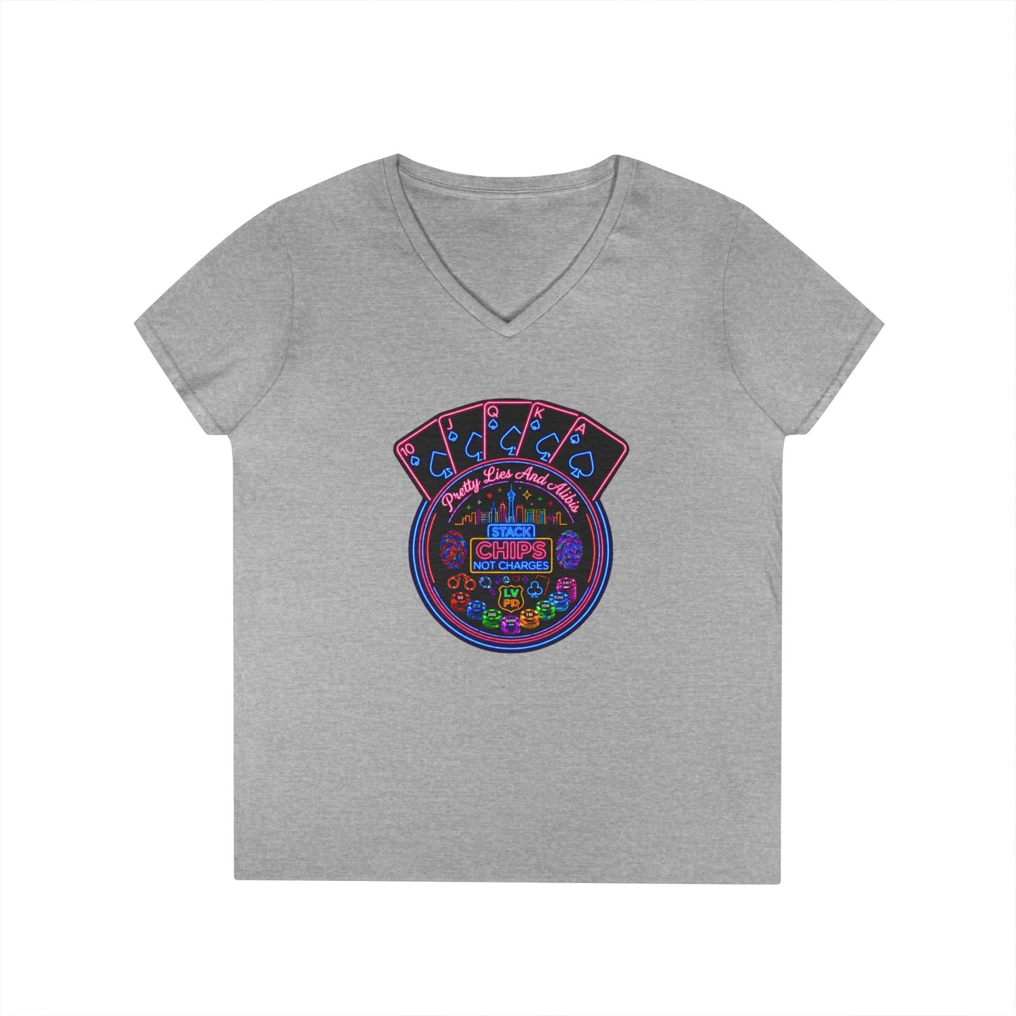 Ladies' V-Neck T-Shirt — "Stack Chips Not Charges"  Crime Con 26' (No logo)