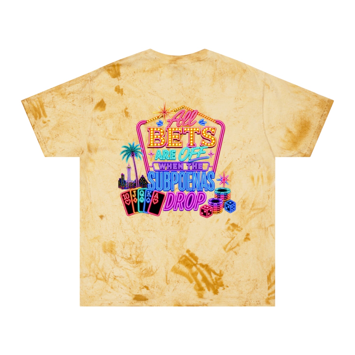 Tie-Dye T-Shirt — Retro Neon Casino “All Bets Are Off” Crime Con 26'