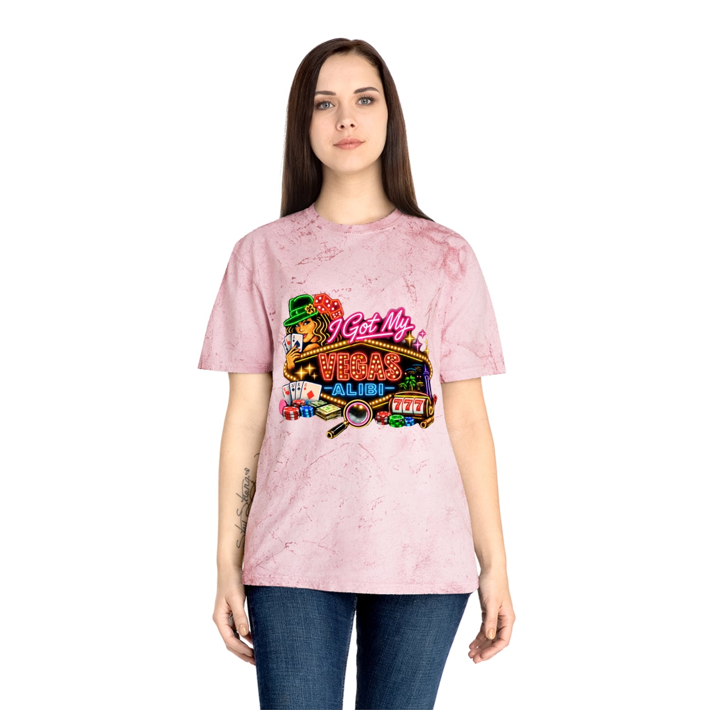 Color Blast T-Shirt — "I Got My Vegas Alibi"  (No Logo)