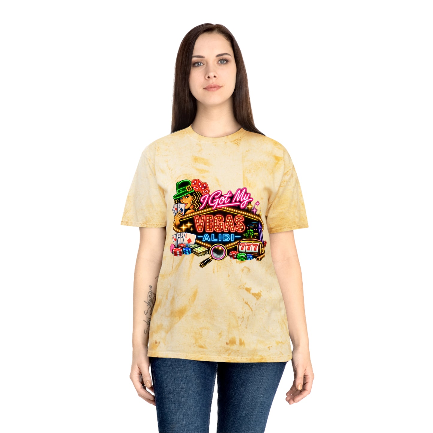 Color Blast T-Shirt — "I Got My Vegas Alibi"  (No Logo)