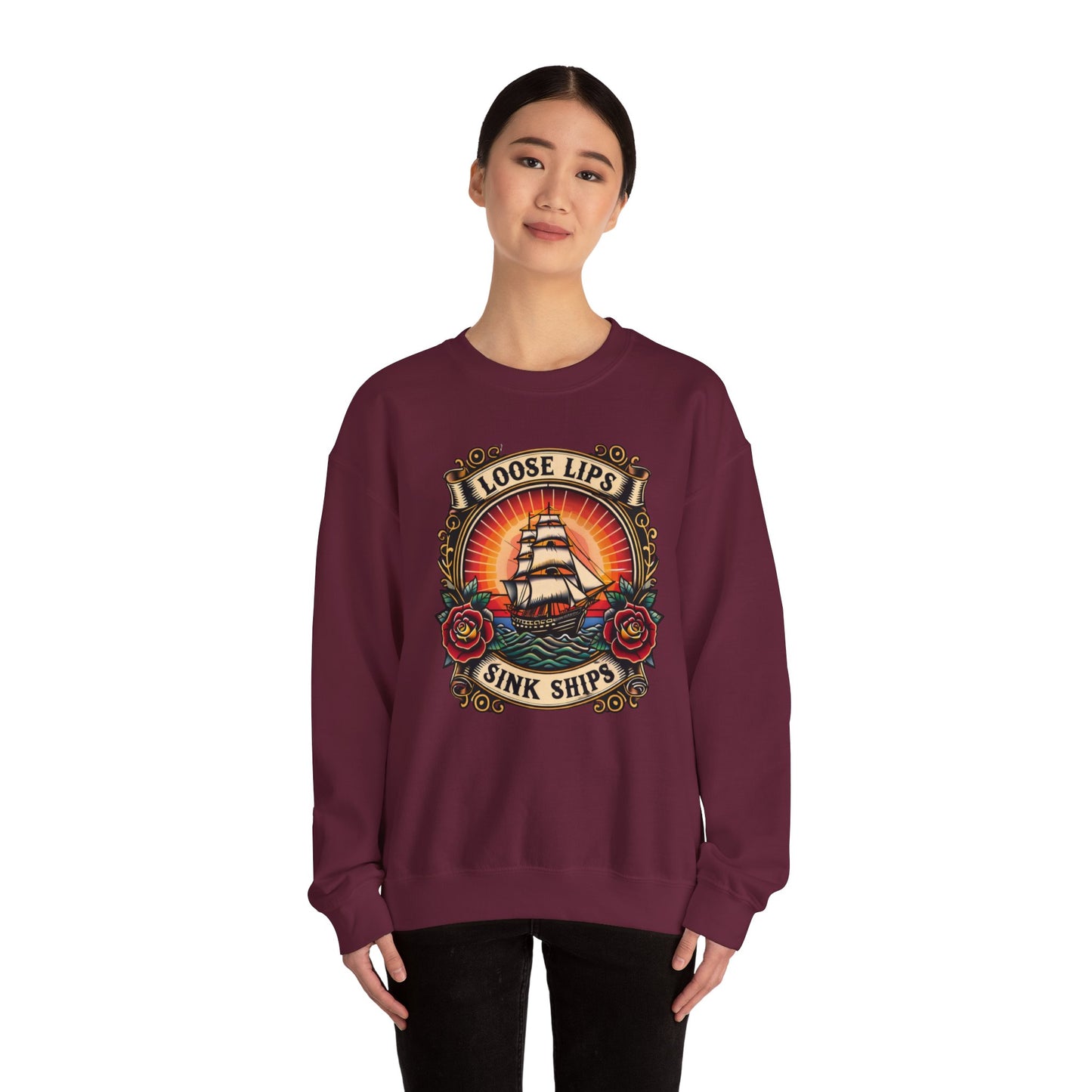 NEW Crewneck Sweatshirt — 'Loose Lips Sink Ships' Vintage Ship Graphic
