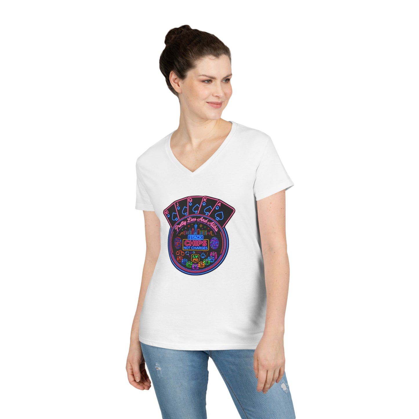 Ladies' V-Neck T-Shirt — "Stack Chips Not Charges"  Crime Con 26' (No logo)