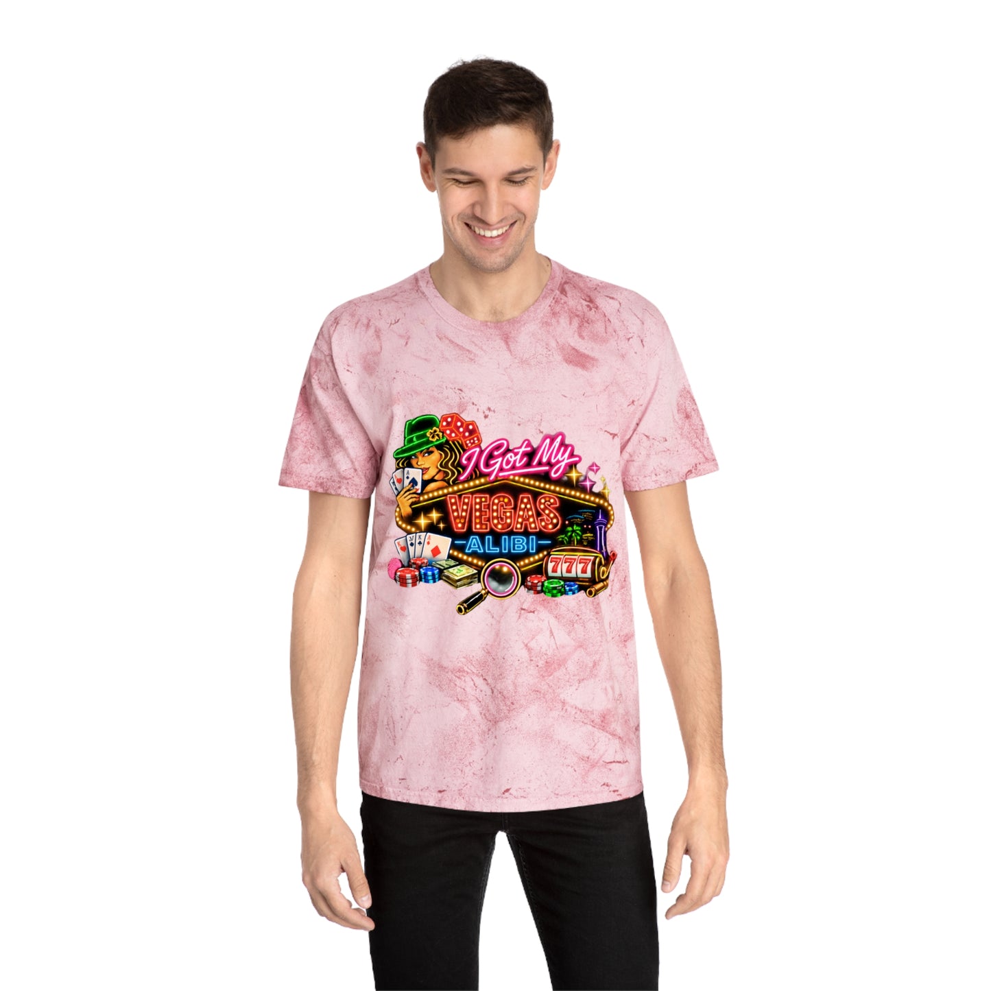 Color Blast T-Shirt — "I Got My Vegas Alibi"  (No Logo)