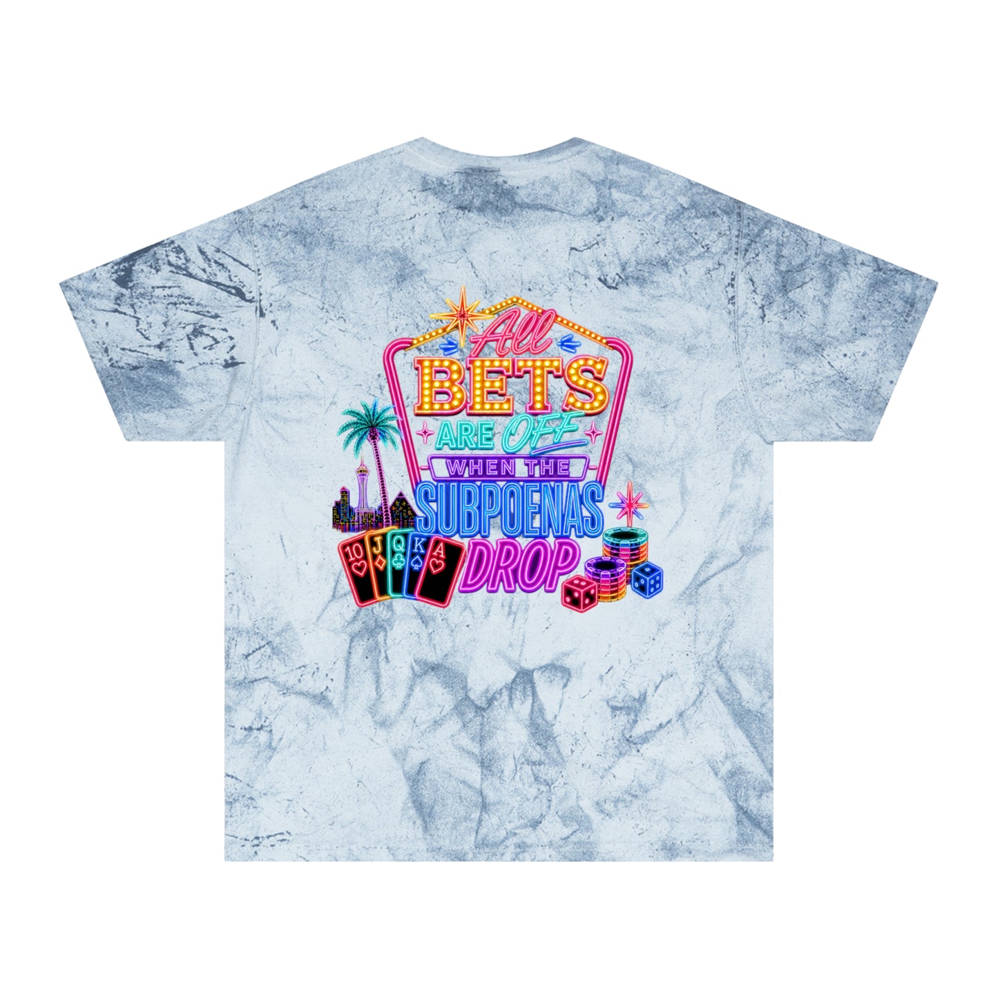 Tie-Dye T-Shirt — Retro Neon Casino “All Bets Are Off” Crime Con 26'