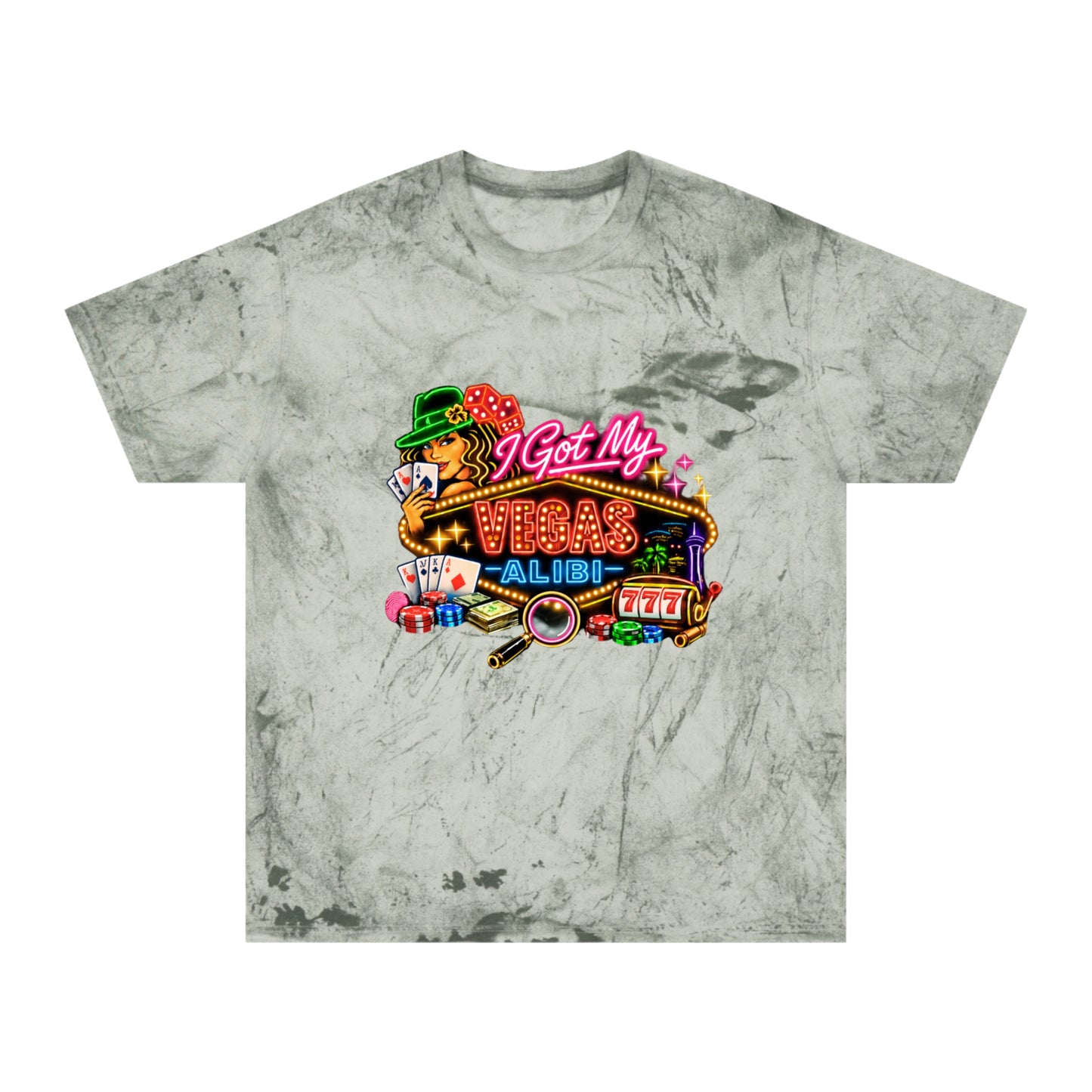 Color Blast T-Shirt — "I Got My Vegas Alibi"  (No Logo)