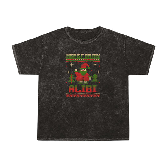 Here For My Alibi Christmas T-Shirt | Unisex Mineral Wash Holiday Tee