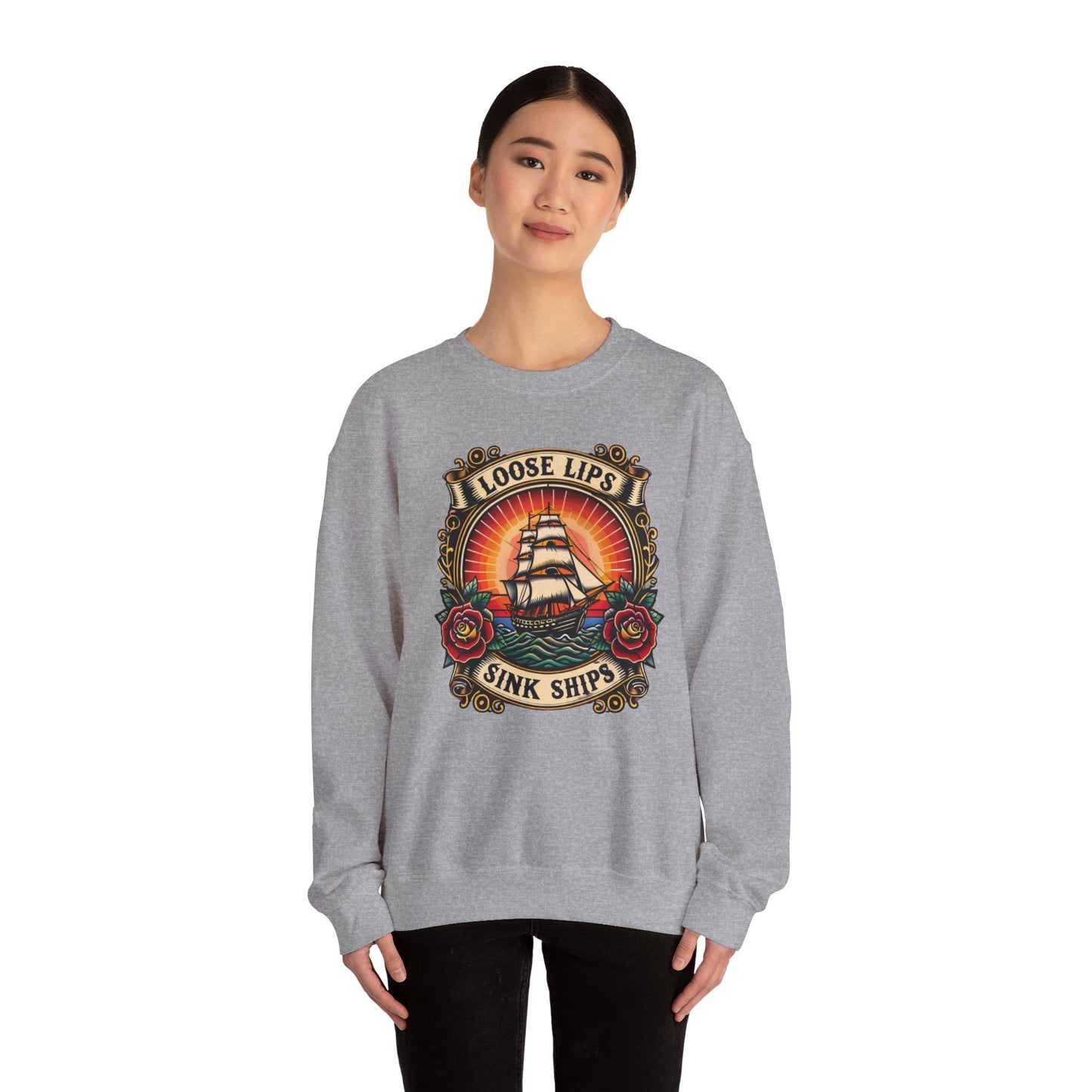 NEW Crewneck Sweatshirt — 'Loose Lips Sink Ships' Vintage Ship Graphic