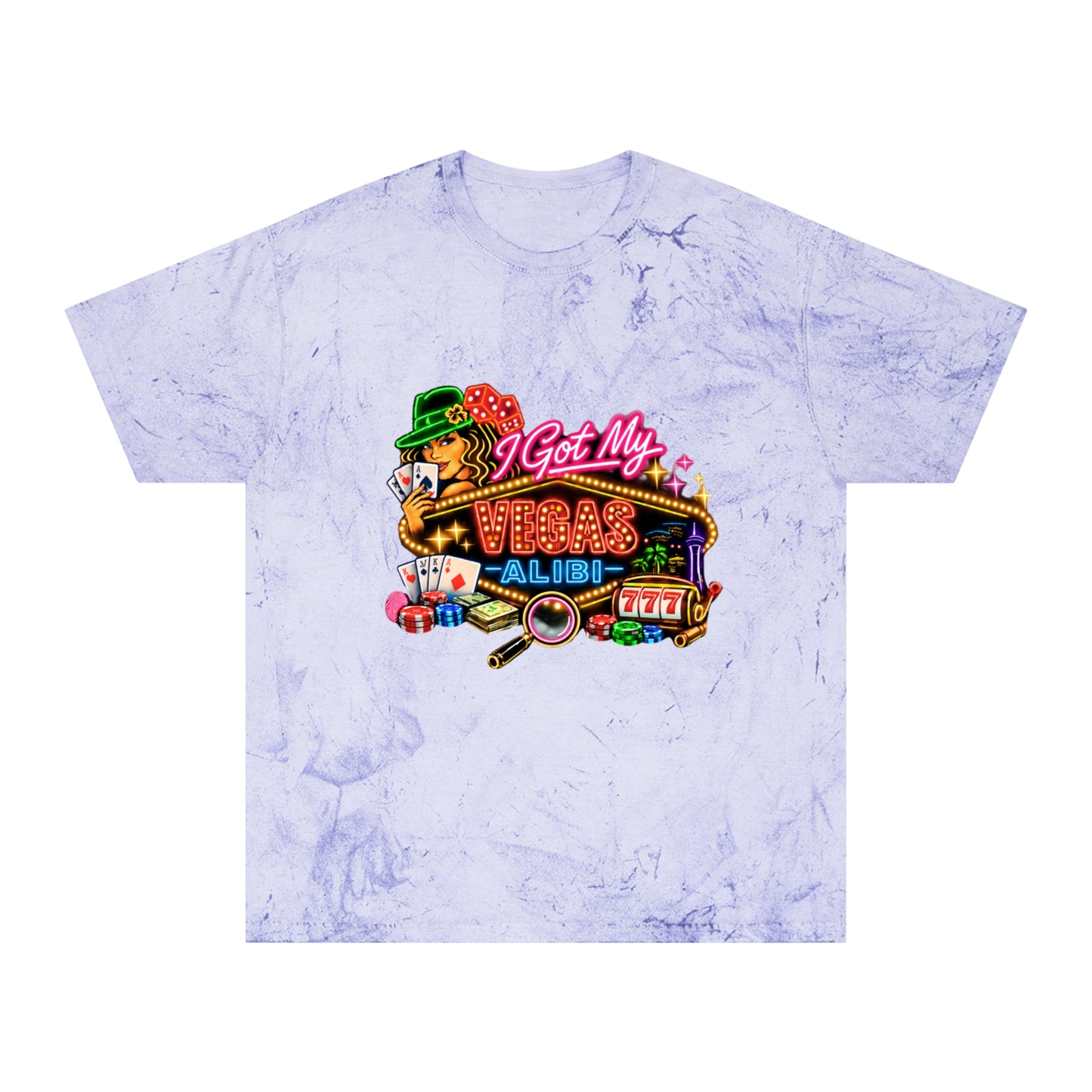 Color Blast T-Shirt — "I Got My Vegas Alibi"  (No Logo)