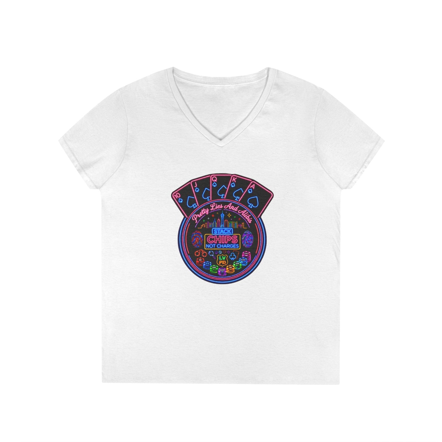 Ladies' V-Neck T-Shirt — "Stack Chips Not Charges"  Crime Con 26' (No logo)