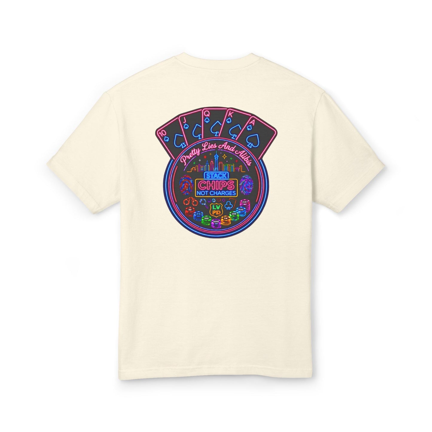 Retro Casino Poker Tee — "Stack Chips Not Charges" Crime Con' 26