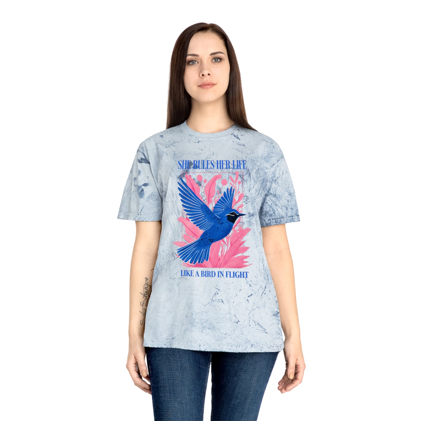 She Rules Her Life Bird In Flight Lyrics Tee — Inspirational Blue Bird Graphic T-Shirt NEW