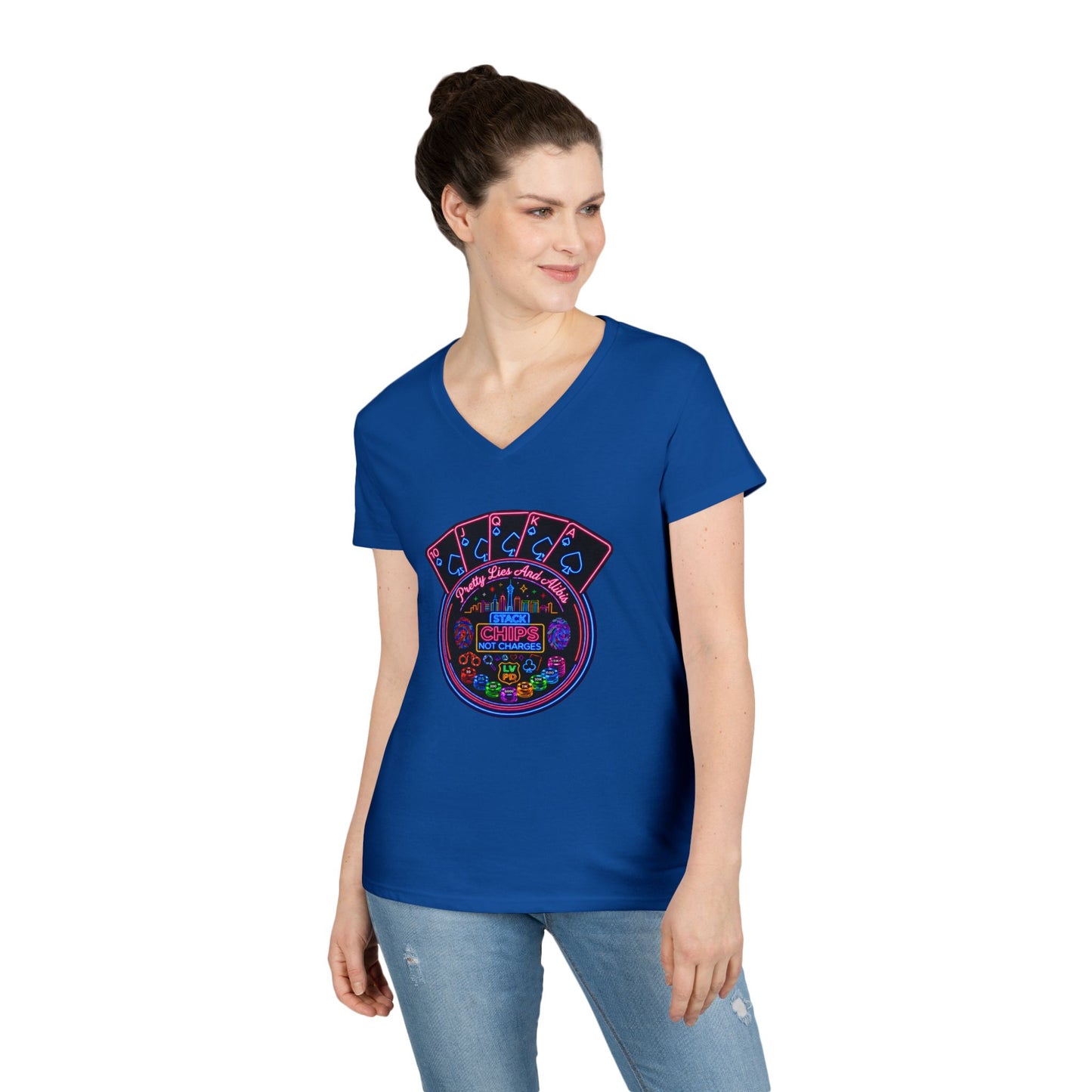 Ladies' V-Neck T-Shirt — "Stack Chips Not Charges"  Crime Con 26' (No logo)