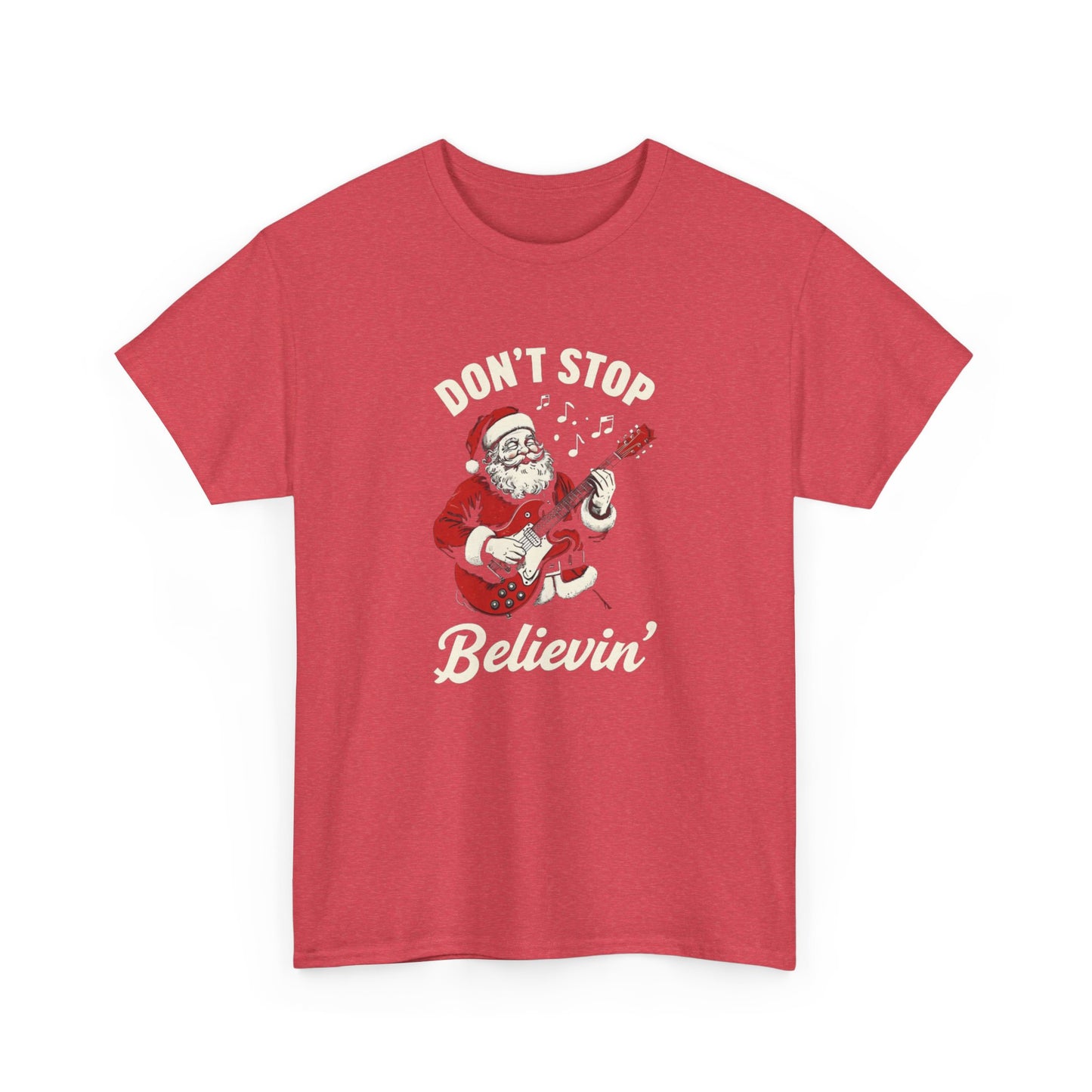 Christmas Unisex Heavy Cotton Tee - Don't Stop Believin' Santa Design, Perfect Holiday Gift