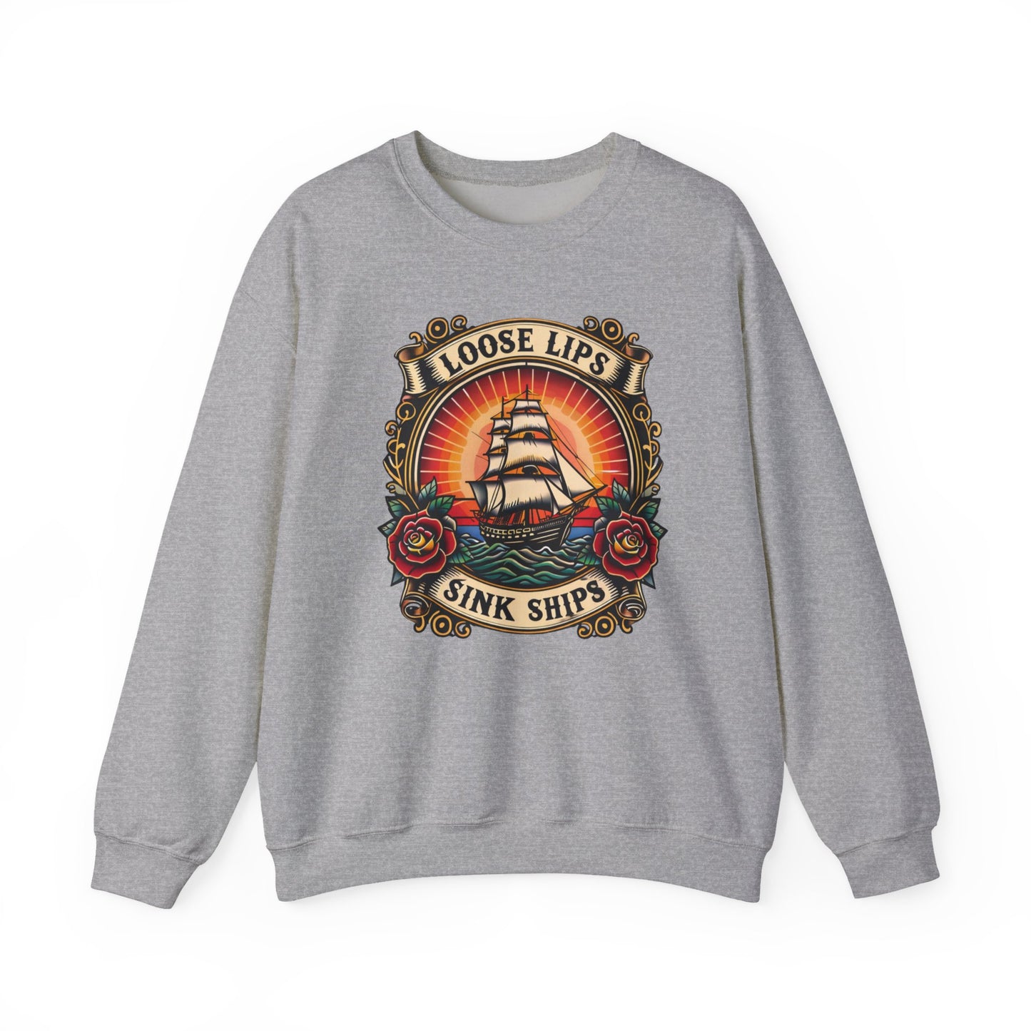NEW Crewneck Sweatshirt — 'Loose Lips Sink Ships' Vintage Ship Graphic