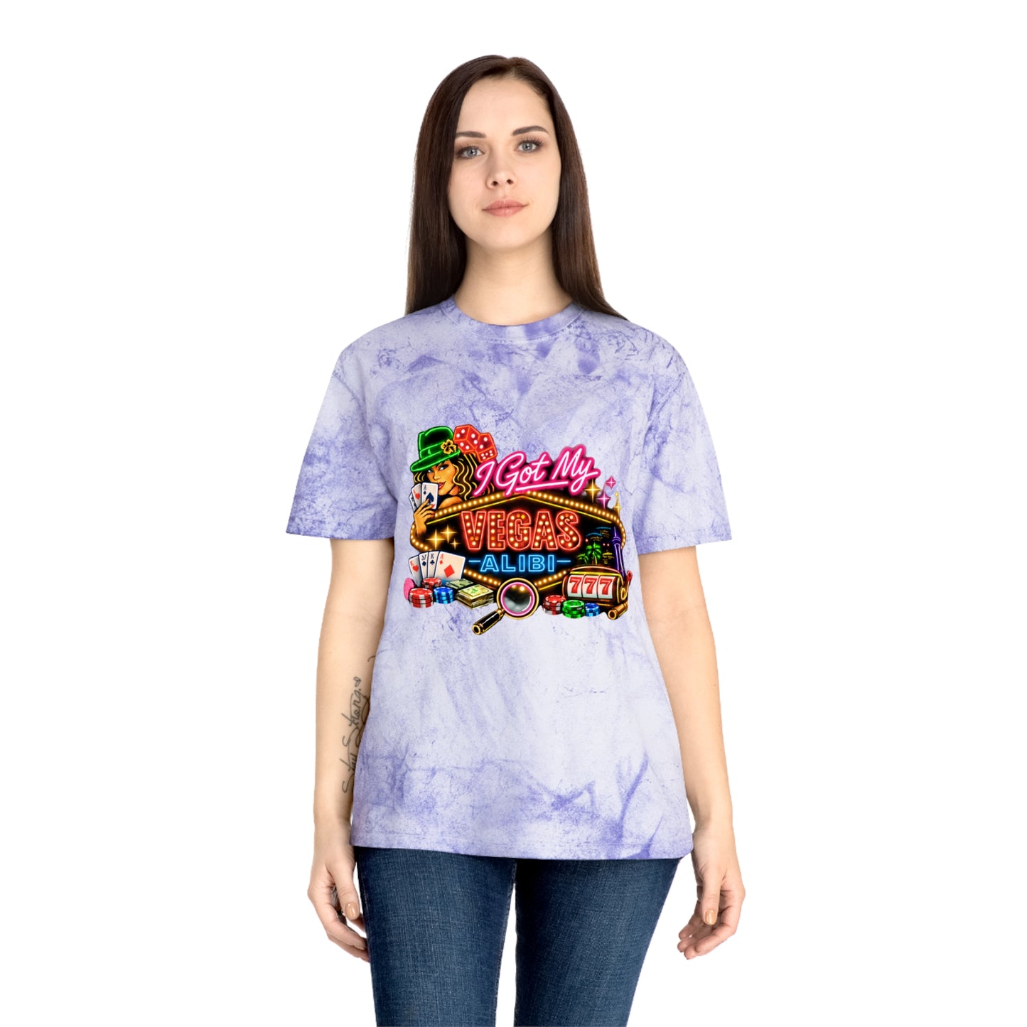Color Blast T-Shirt — "I Got My Vegas Alibi"  (No Logo)