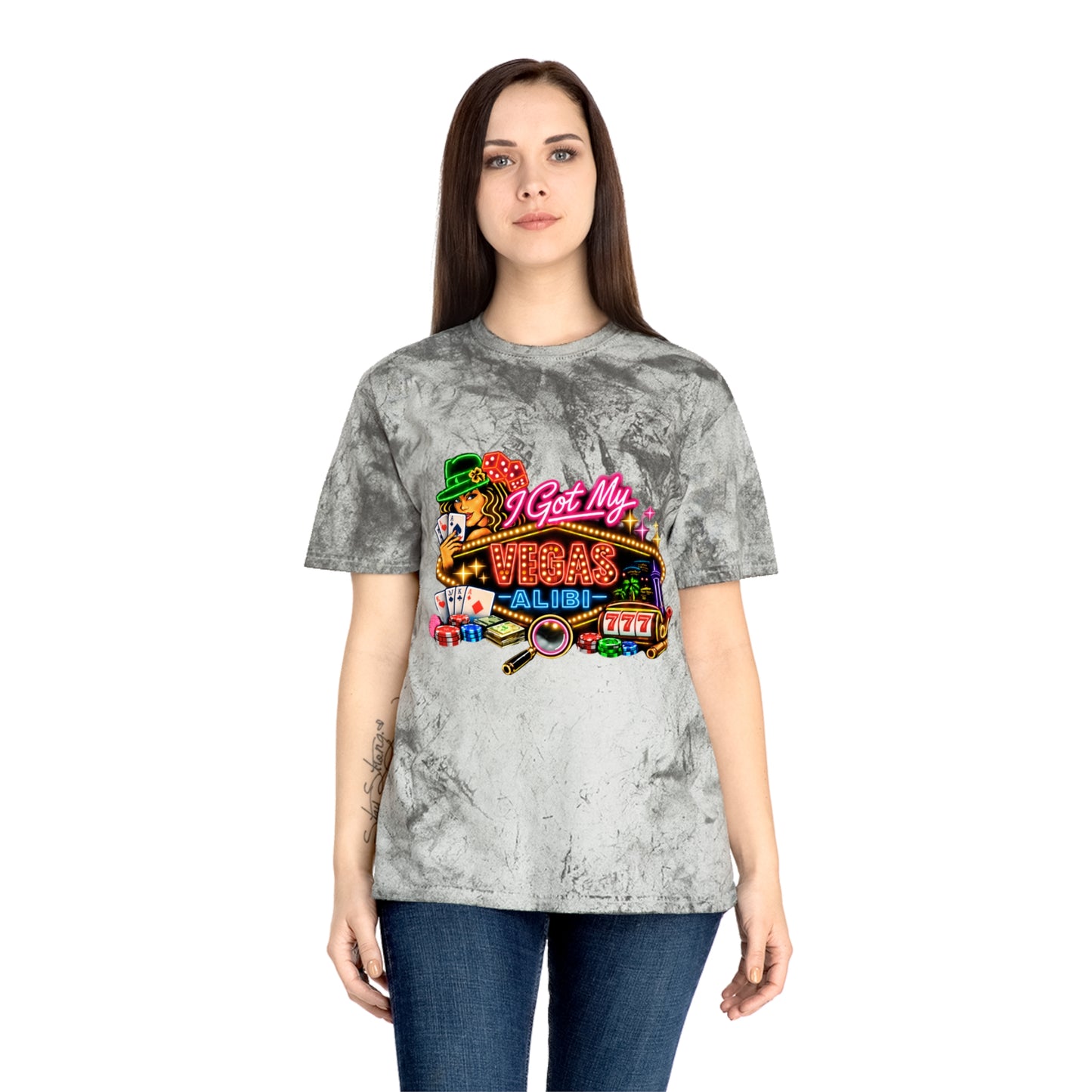 Color Blast T-Shirt — "I Got My Vegas Alibi"  (No Logo)