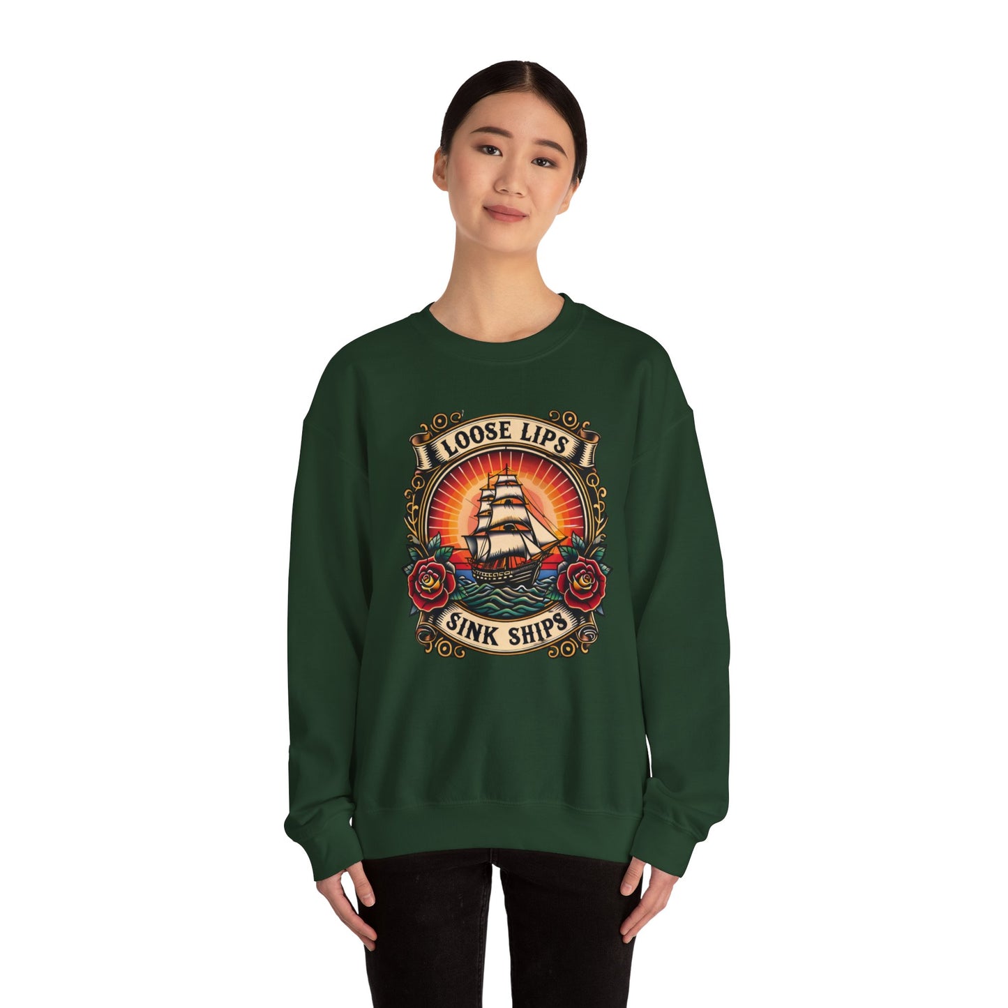 NEW Crewneck Sweatshirt — 'Loose Lips Sink Ships' Vintage Ship Graphic