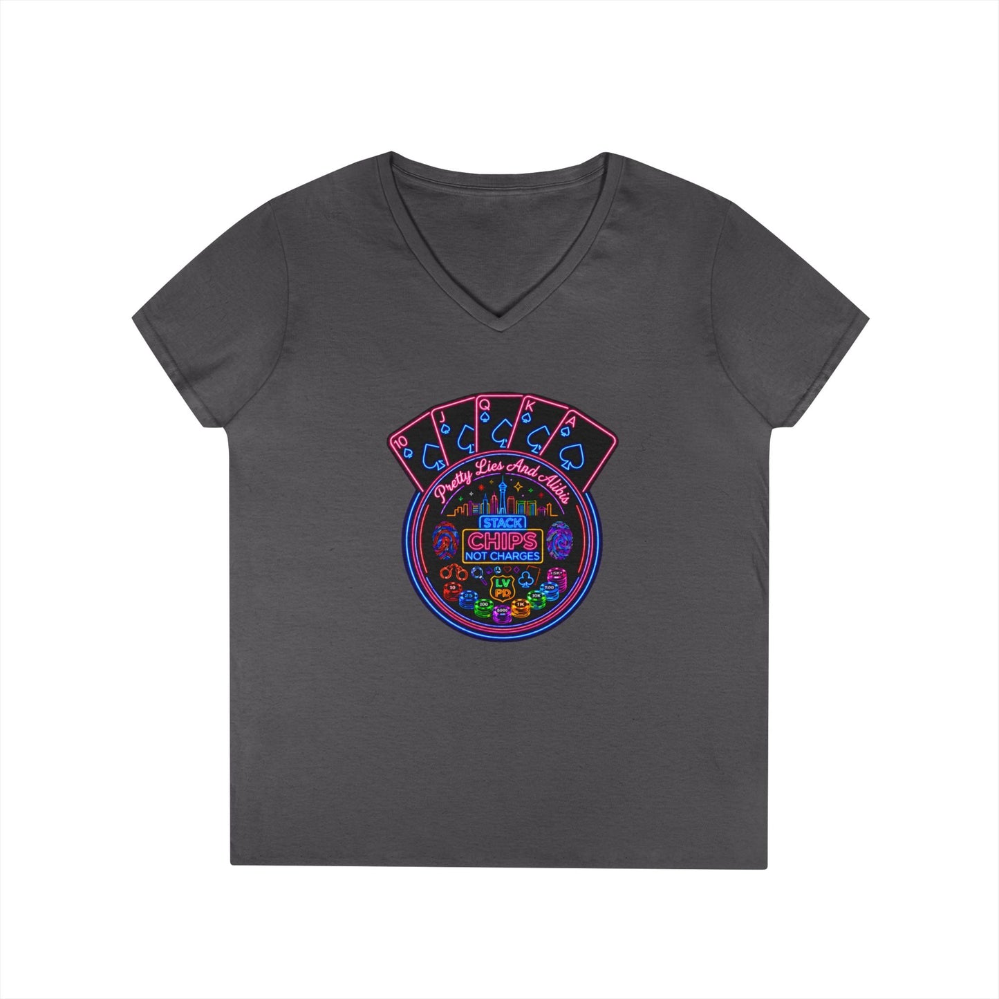 Ladies' V-Neck T-Shirt — "Stack Chips Not Charges"  Crime Con 26' (No logo)