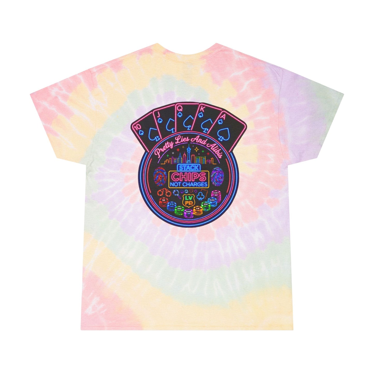 Pastel Spiral Tie-Dye Tee — "Stack Chips Not Charges" Crime Con 26'