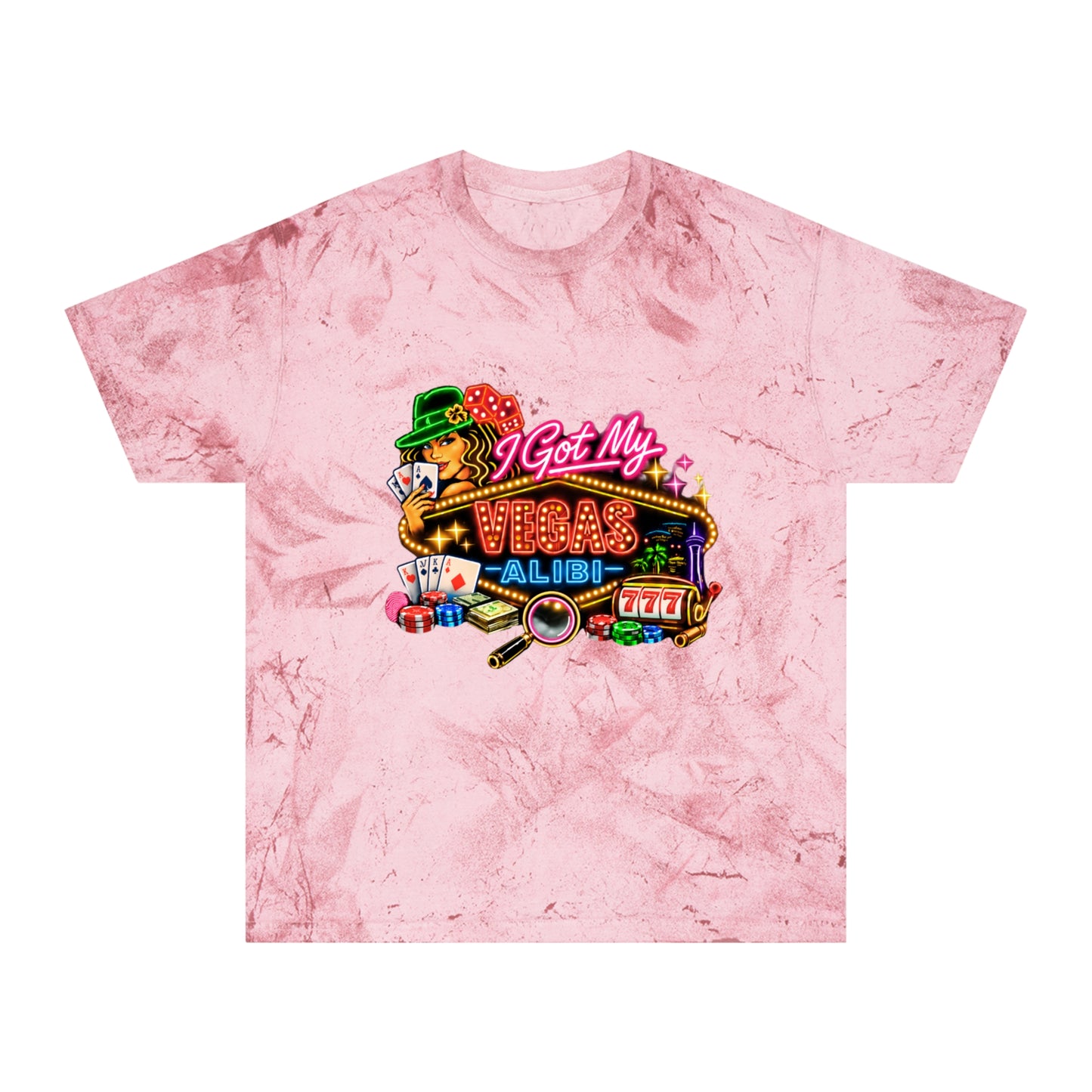 Color Blast T-Shirt — "I Got My Vegas Alibi"  (No Logo)